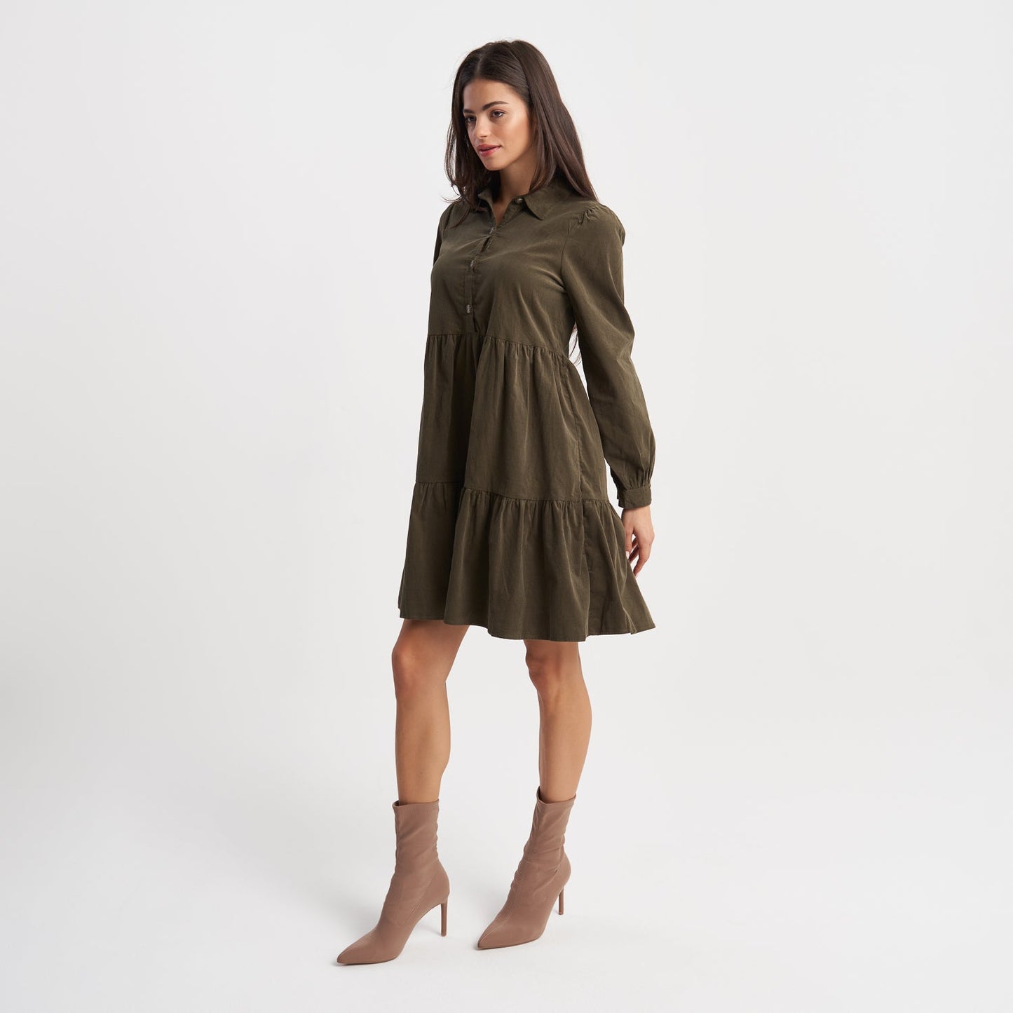 Hailys Women's Long Sleeve Tiered Olive Green Shirt Dress