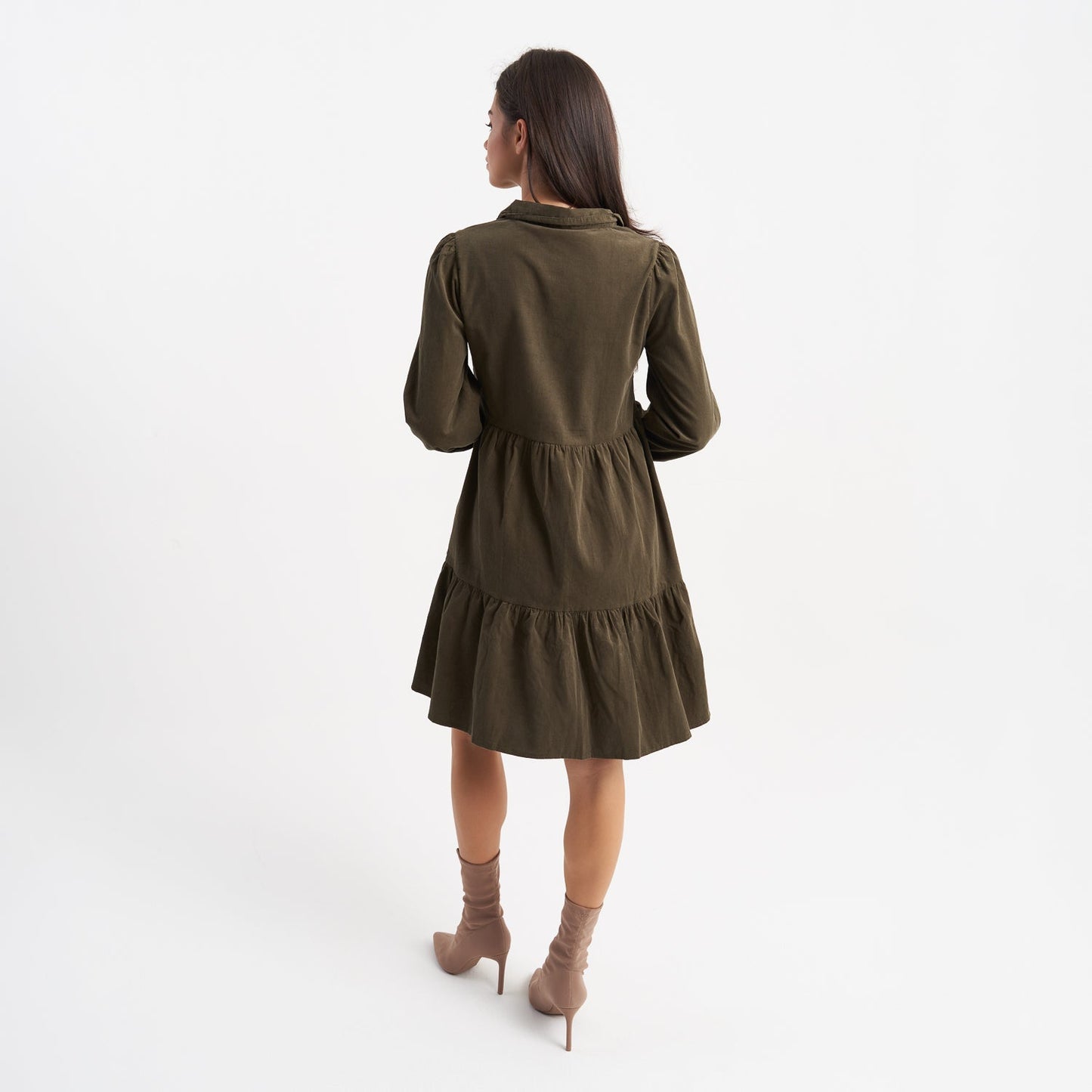 Hailys Women's Long Sleeve Tiered Olive Green Shirt Dress