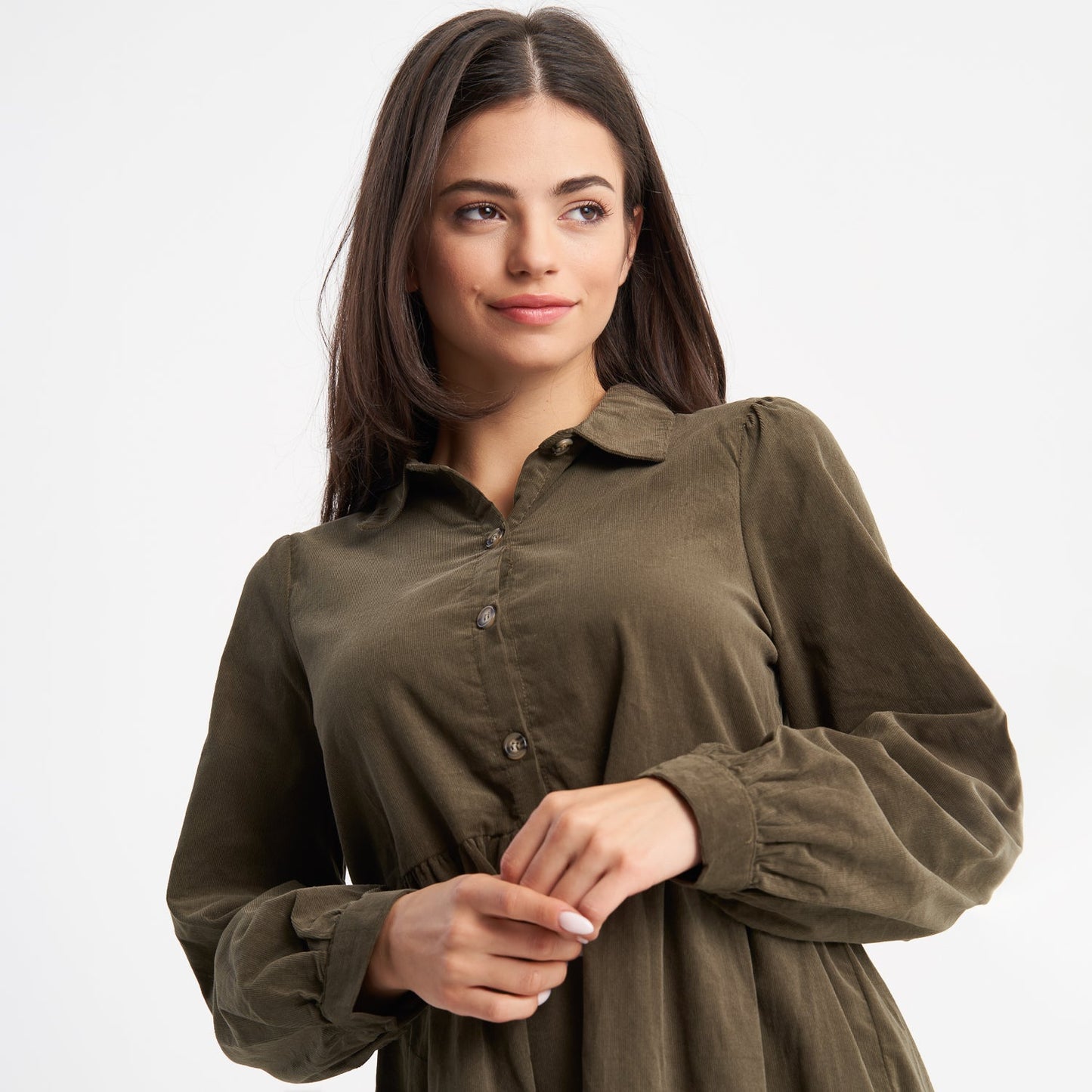 Hailys Women's Long Sleeve Tiered Olive Green Shirt Dress