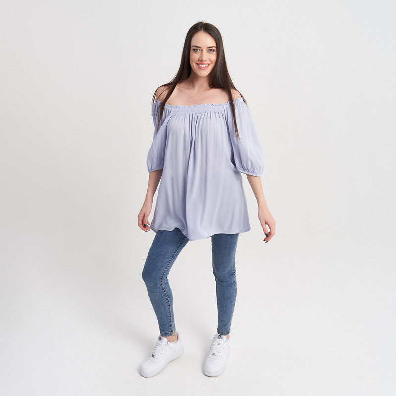 Z-One Women's Off-Shoulder Puff Sleeve Blouse - Light Blue Casual Top