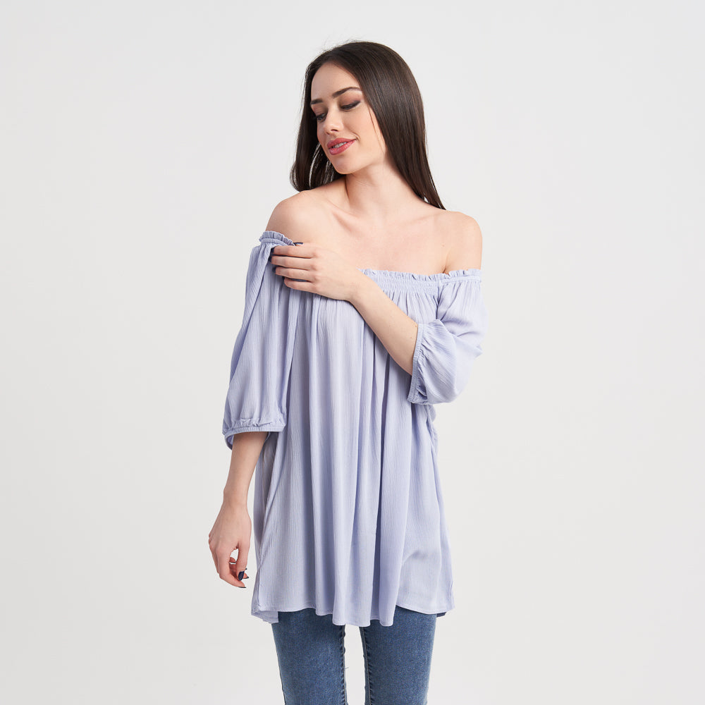 Z-One Women's Off-Shoulder Puff Sleeve Blouse - Light Blue Casual Top