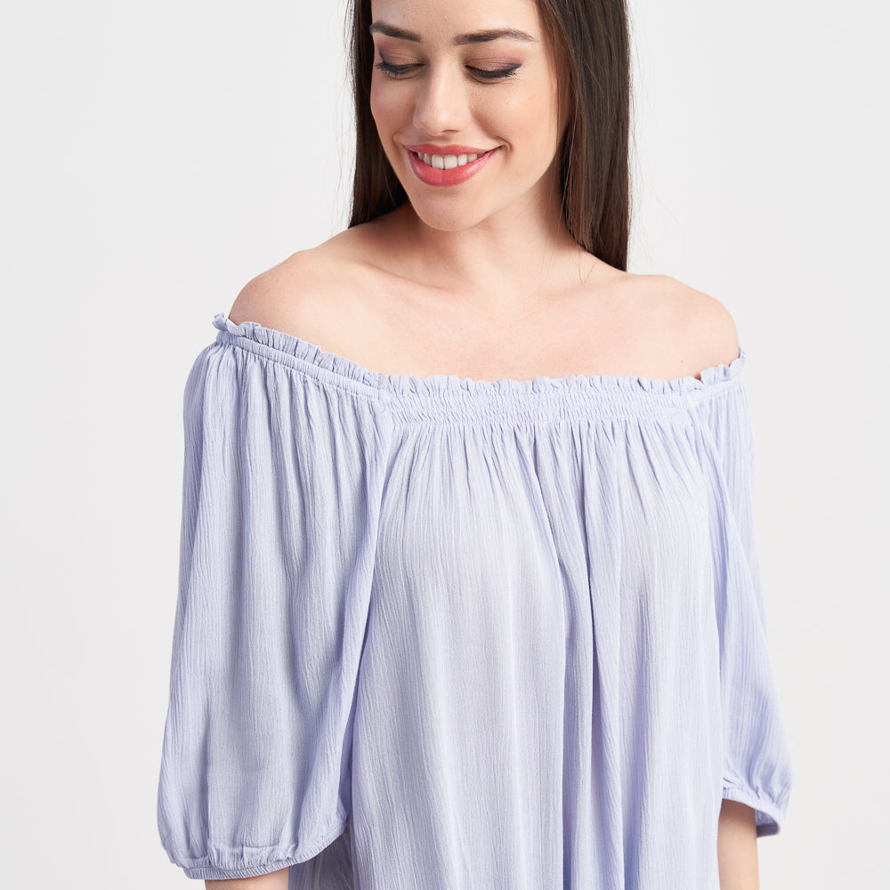 Z-One Women's Off-Shoulder Puff Sleeve Blouse - Light Blue Casual Top