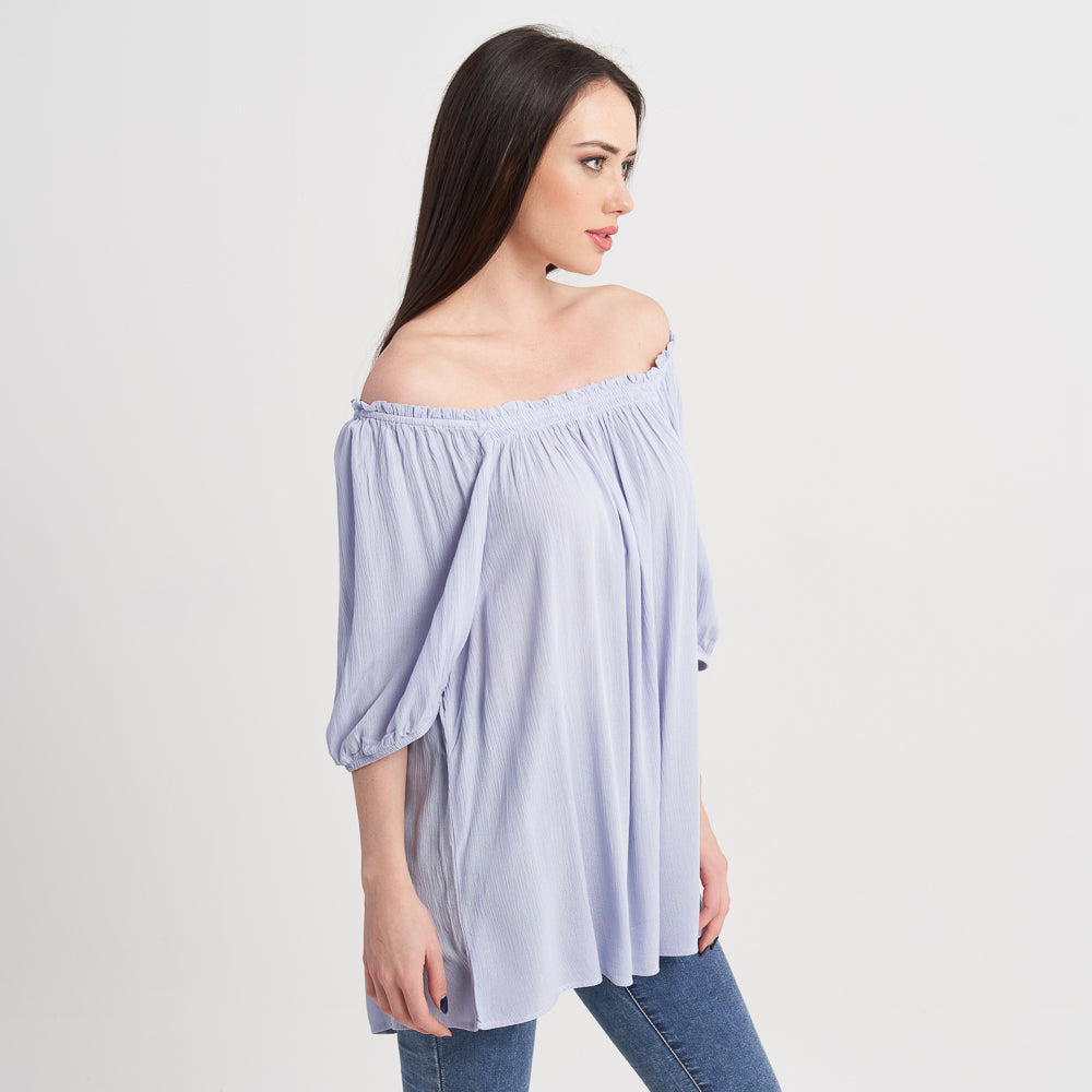 Z-One Women's Off-Shoulder Puff Sleeve Blouse - Light Blue Casual Top