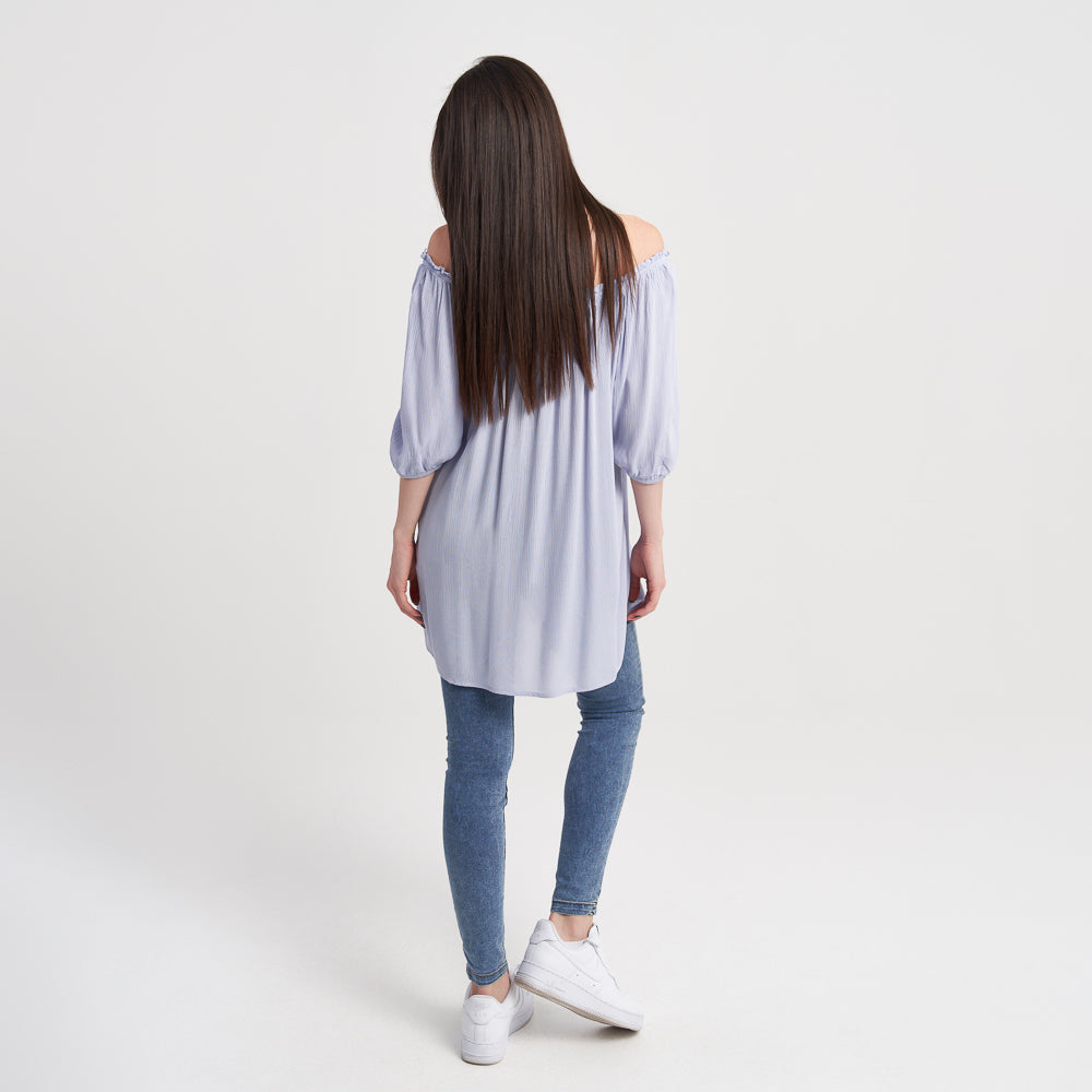 Z-One Women's Off-Shoulder Puff Sleeve Blouse - Light Blue Casual Top