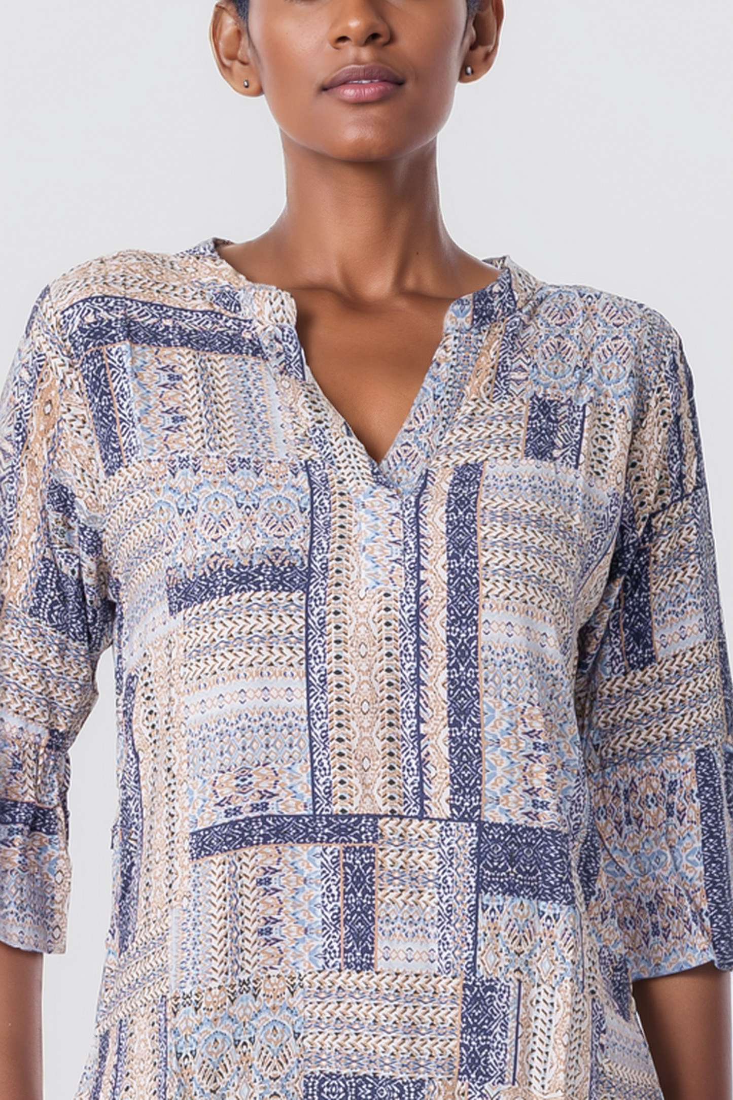 Hailys Women’s Boho Patchwork Print V-Neck Blouse - Casual 3/4 Sleeve Top