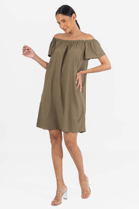 Hailys Women’s Off Shoulder Short Sleeve A-Line Dress - Khaki