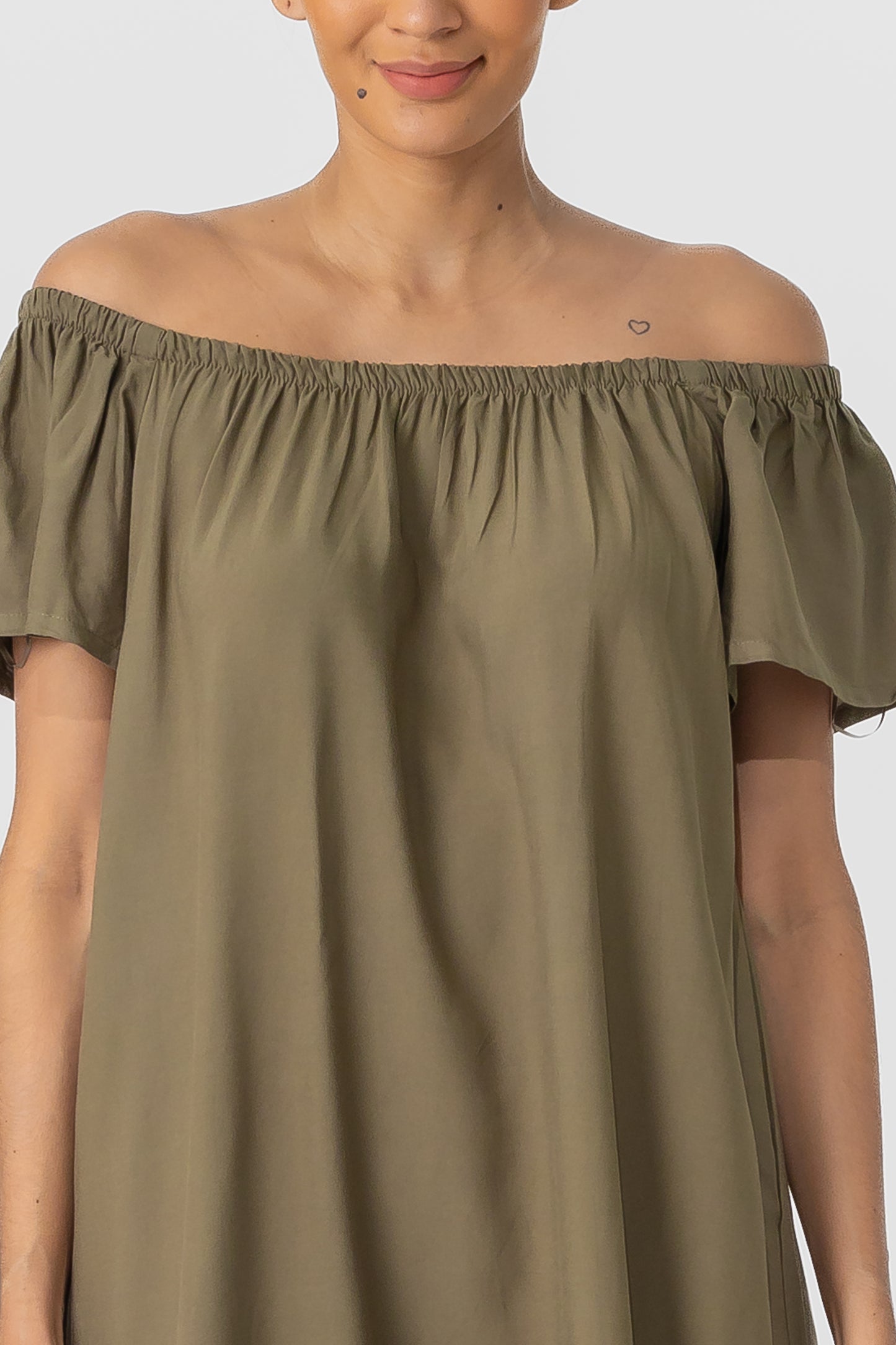 Hailys Women’s Off Shoulder Short Sleeve A-Line Dress - Khaki