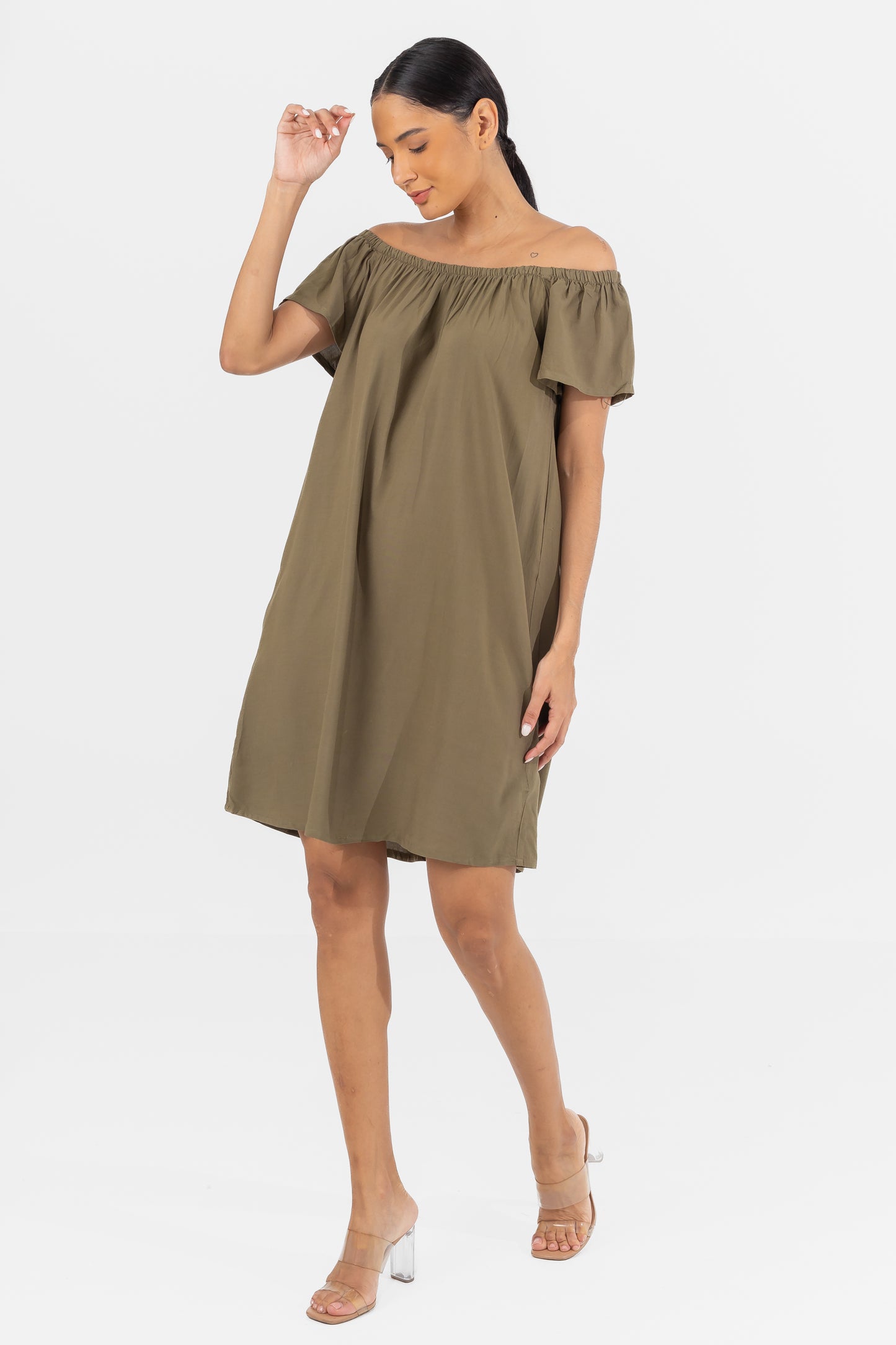 Hailys Women’s Off Shoulder Short Sleeve A-Line Dress - Khaki