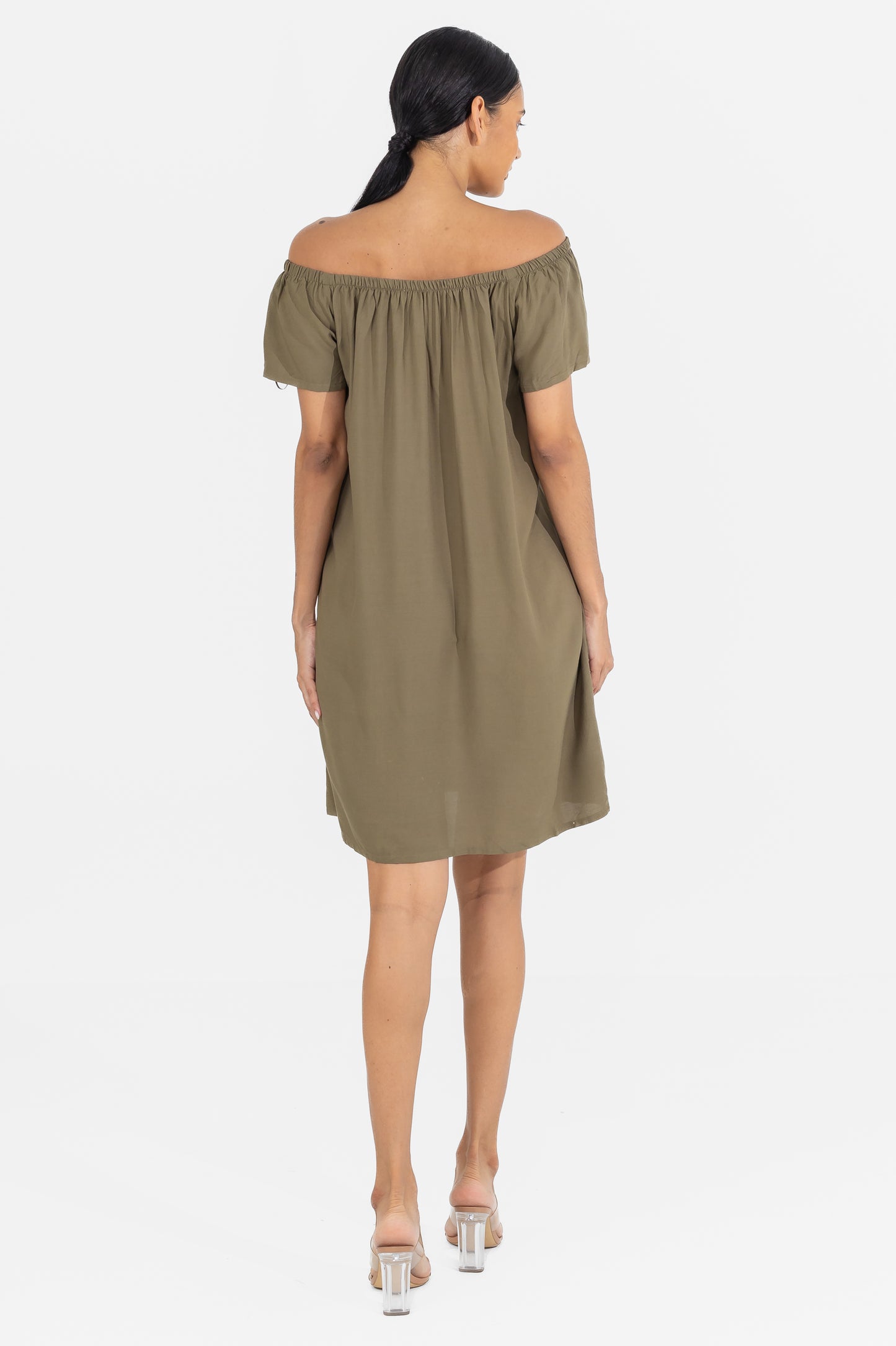 Hailys Women’s Off Shoulder Short Sleeve A-Line Dress - Khaki