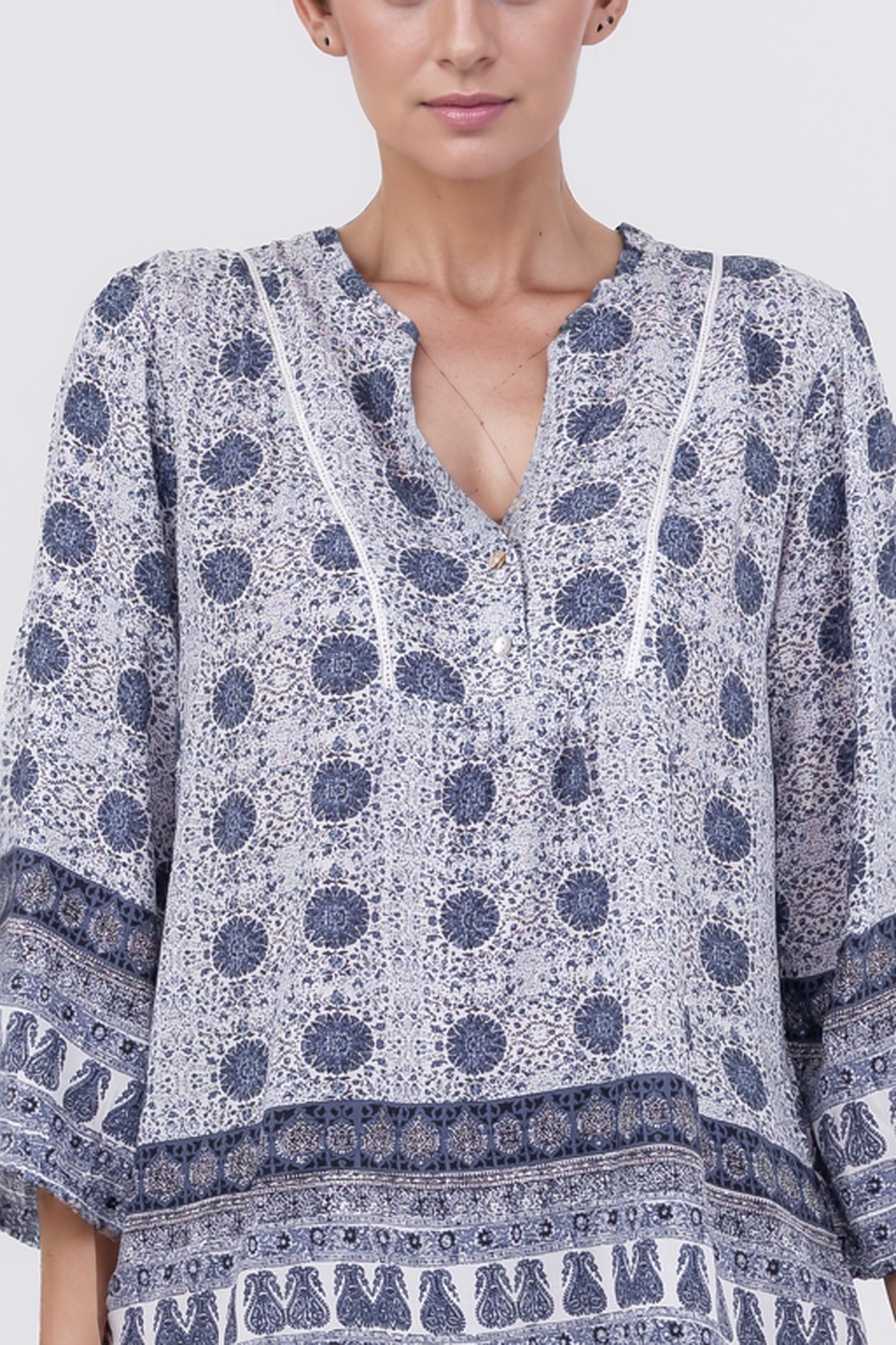 Zabaione Women’s Boho Print V-Neck Blouse - Blue and White