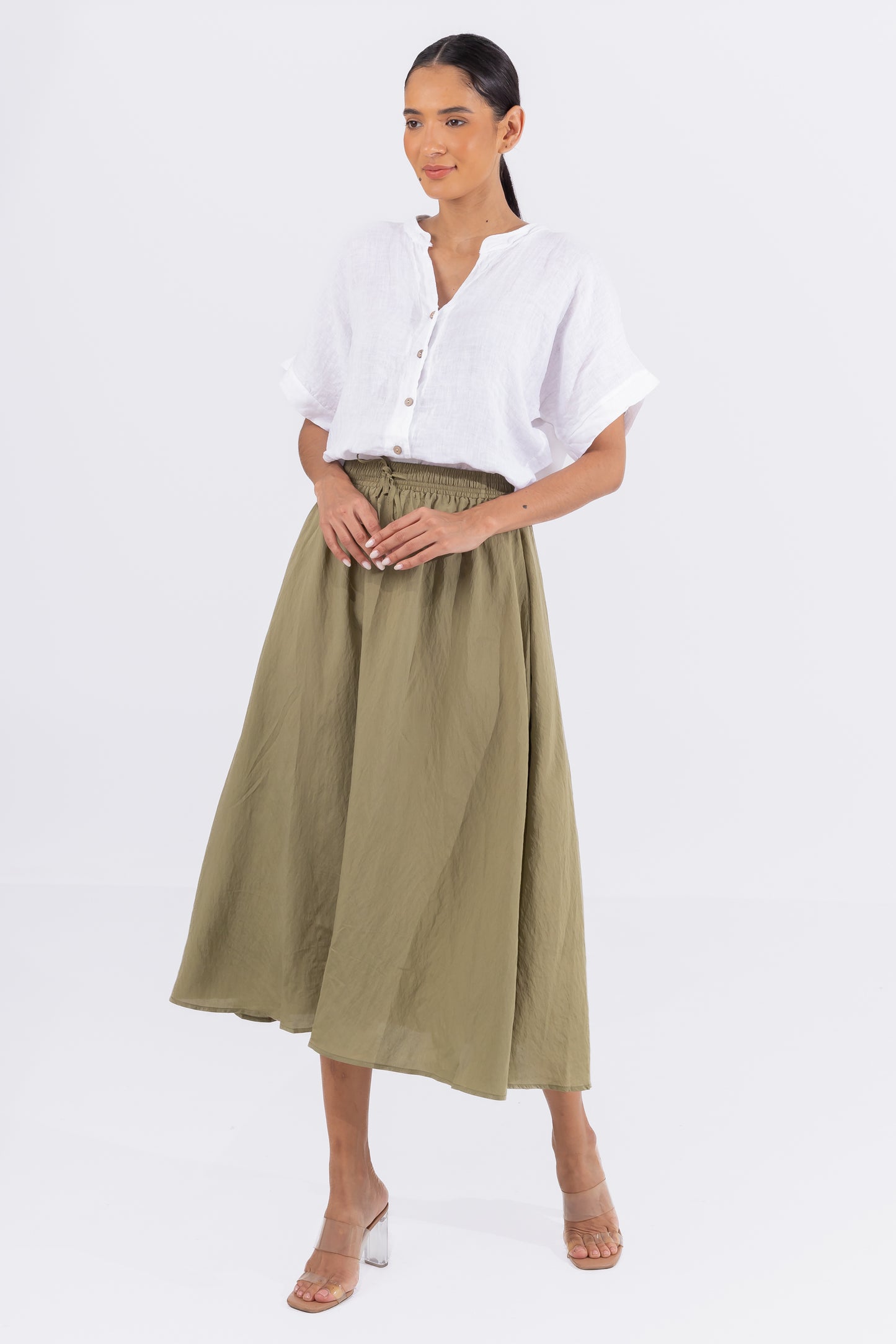 Hailys Women’s Olive Green A-Line Midi Skirt with Drawstring Waist - Casual High-Waisted Skirt