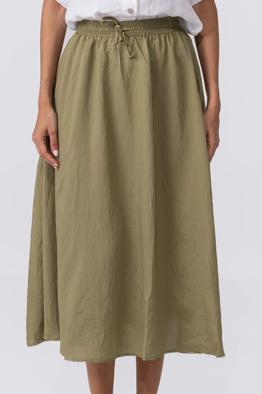 Hailys Women’s Olive Green A-Line Midi Skirt with Drawstring Waist - Casual High-Waisted Skirt