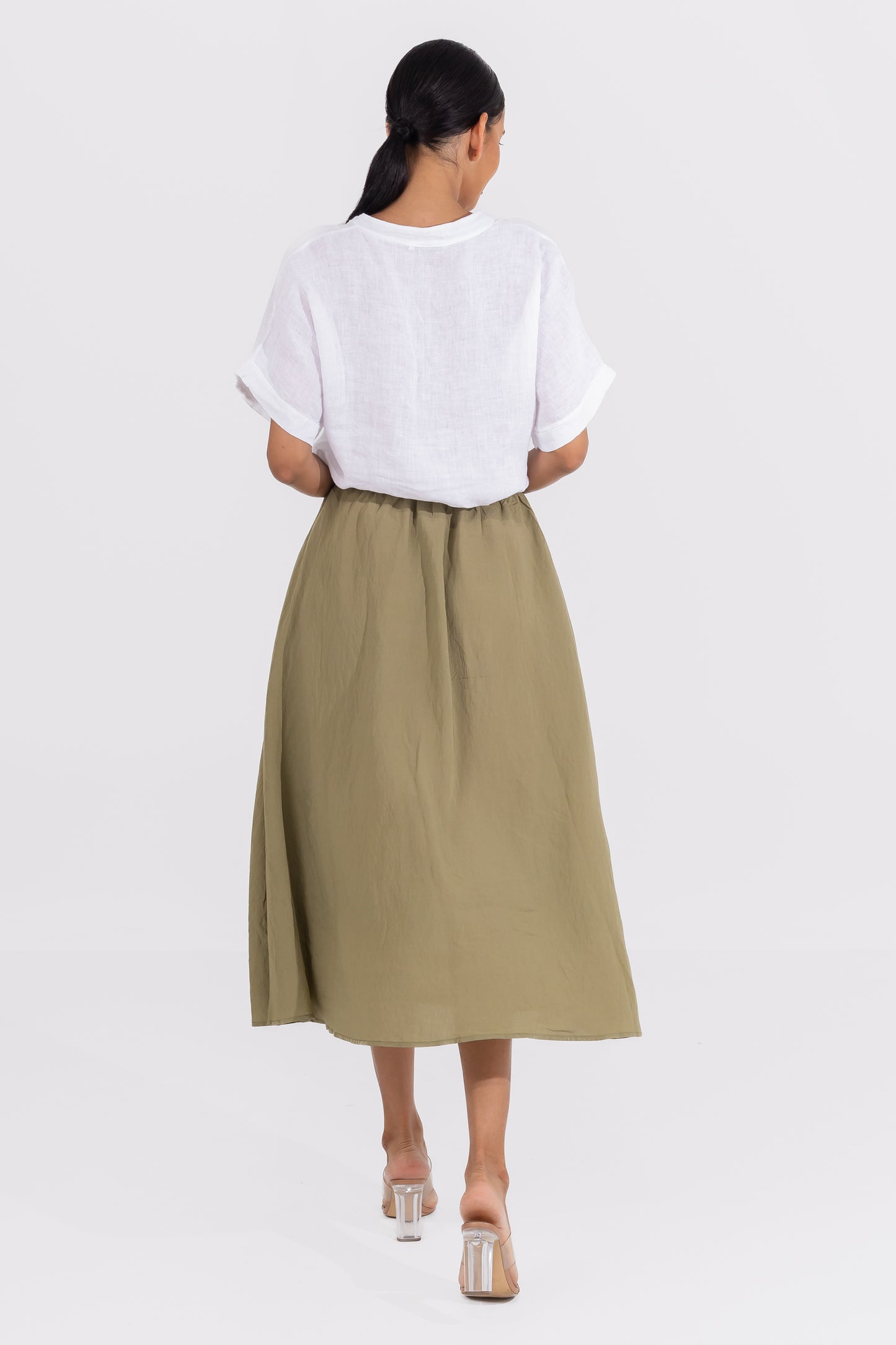 Hailys Women’s Olive Green A-Line Midi Skirt with Drawstring Waist - Casual High-Waisted Skirt