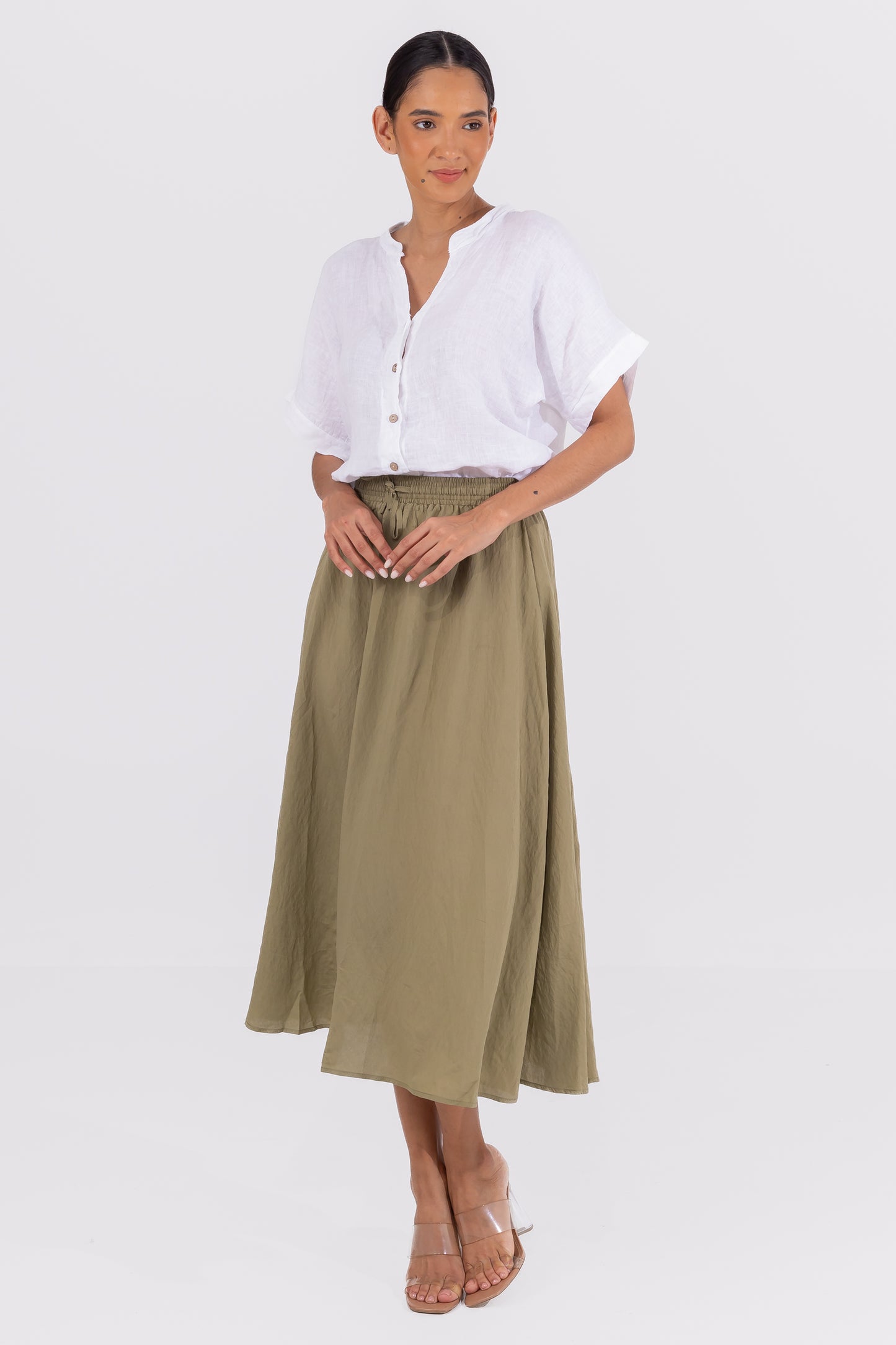 Hailys Women’s Olive Green A-Line Midi Skirt with Drawstring Waist - Casual High-Waisted Skirt