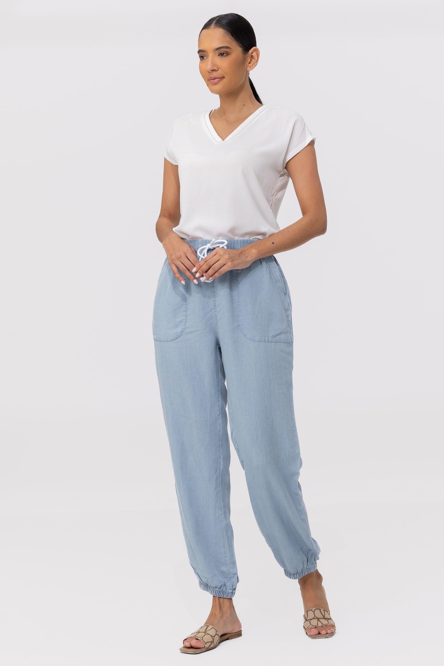 Zabaione Women’s Casual High-Waisted Drawstring Jogger Pants - Light Blue