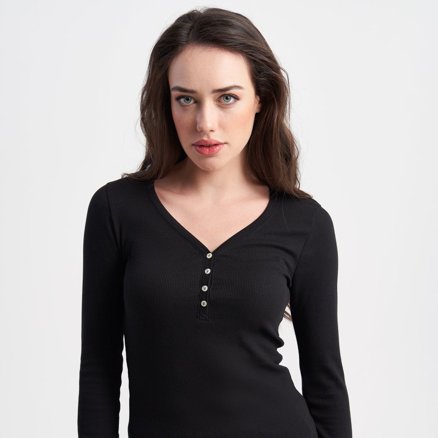 Hailys Women’s Long Sleeve V-Neck Henley Top - Classic Black