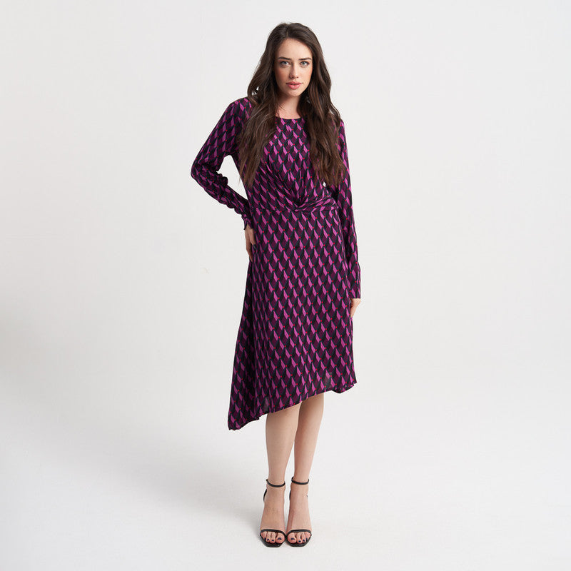 Zabaione Women's Long Sleeve Geometric Print Midi Dress - Elegant Knot Front A-Line Dress