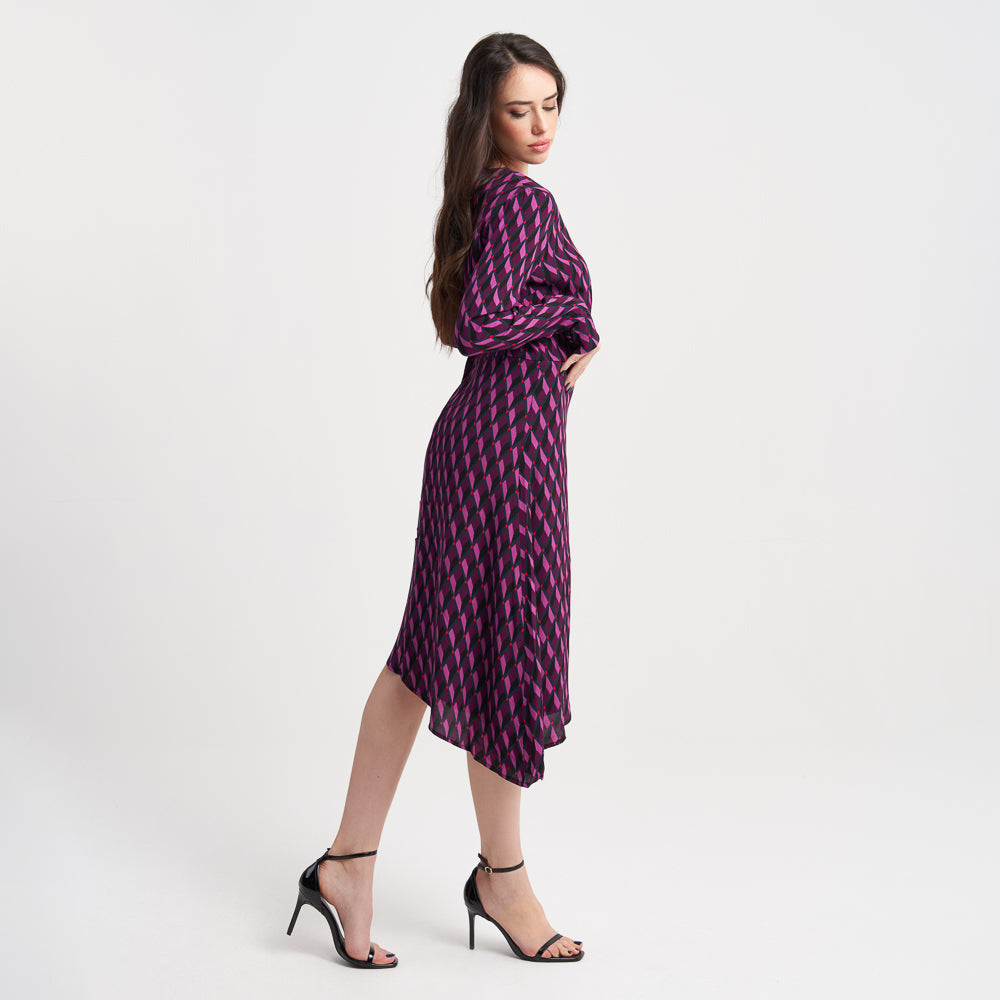 Zabaione Women's Long Sleeve Geometric Print Midi Dress - Elegant Knot Front A-Line Dress