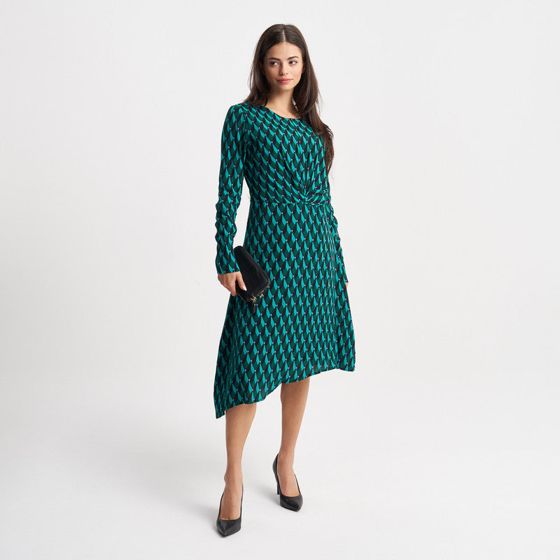 Zabaione Women's Long Sleeve Geometric Print Midi Dress - Elegant Knot Front A-Line Dress