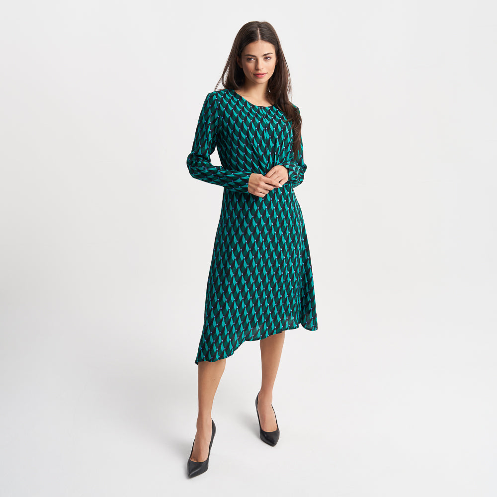 Zabaione Women's Long Sleeve Geometric Print Midi Dress - Elegant Knot Front A-Line Dress