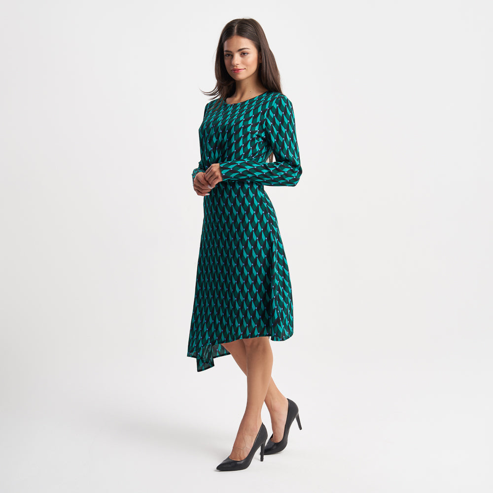 Zabaione Women's Long Sleeve Geometric Print Midi Dress - Elegant Knot Front A-Line Dress