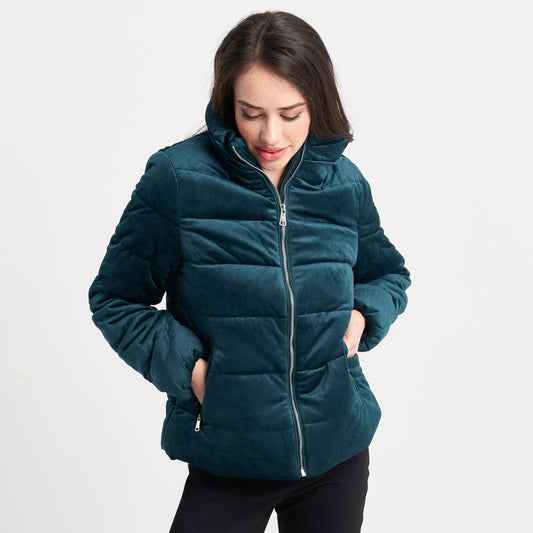 Hailys Women's Velvet Quilted Puffer Jacket with Zipper Closure