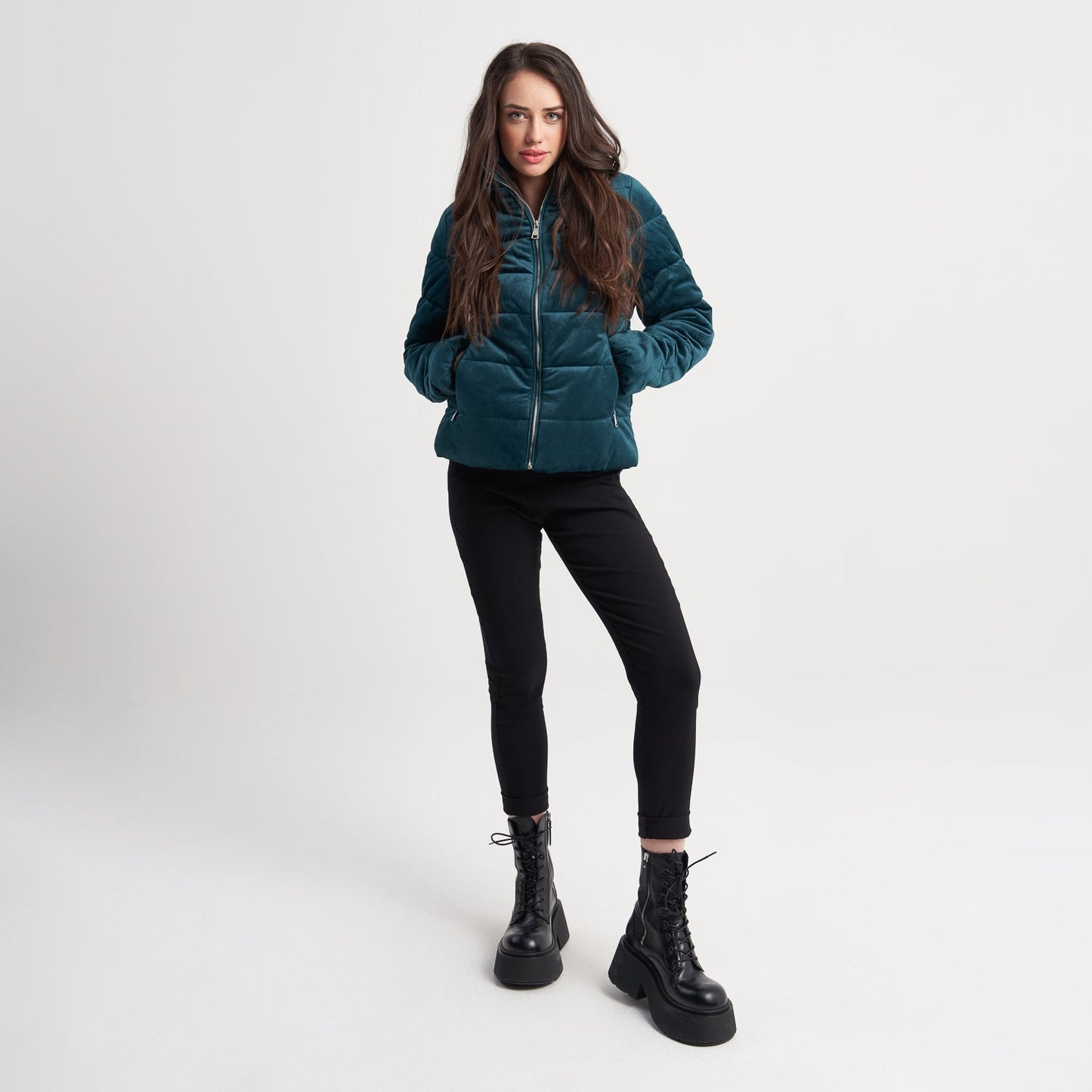 Hailys Women's Velvet Quilted Puffer Jacket with Zipper Closure