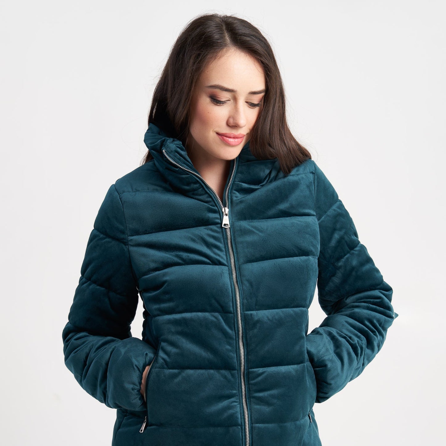 Hailys Women's Velvet Quilted Puffer Jacket with Zipper Closure