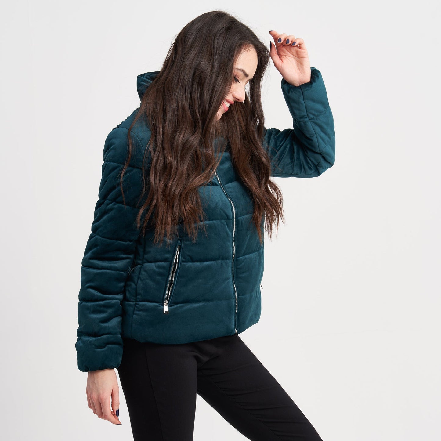 Hailys Women's Velvet Quilted Puffer Jacket with Zipper Closure