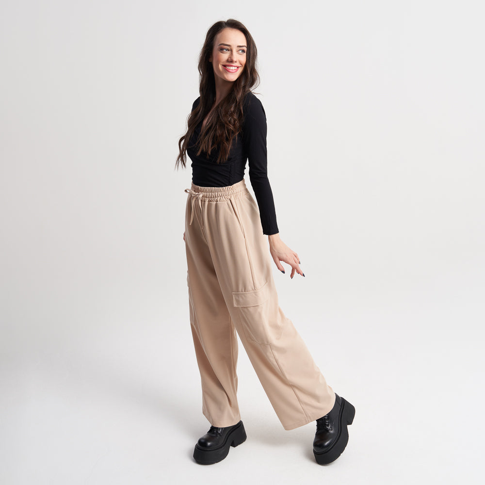 Hailys Women's Casual Beige Wide-Leg Cargo Pants