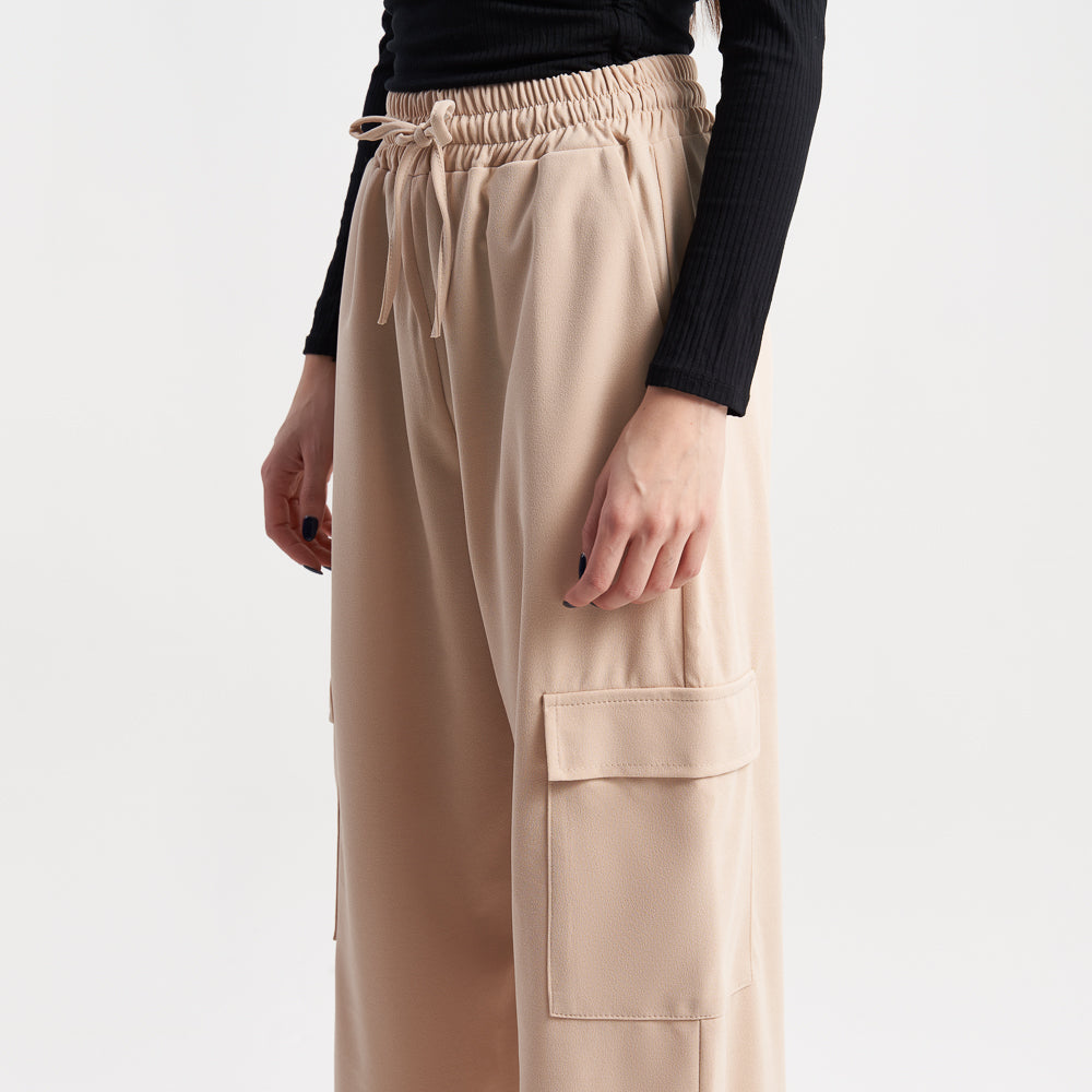 Hailys Women's Casual Beige Wide-Leg Cargo Pants