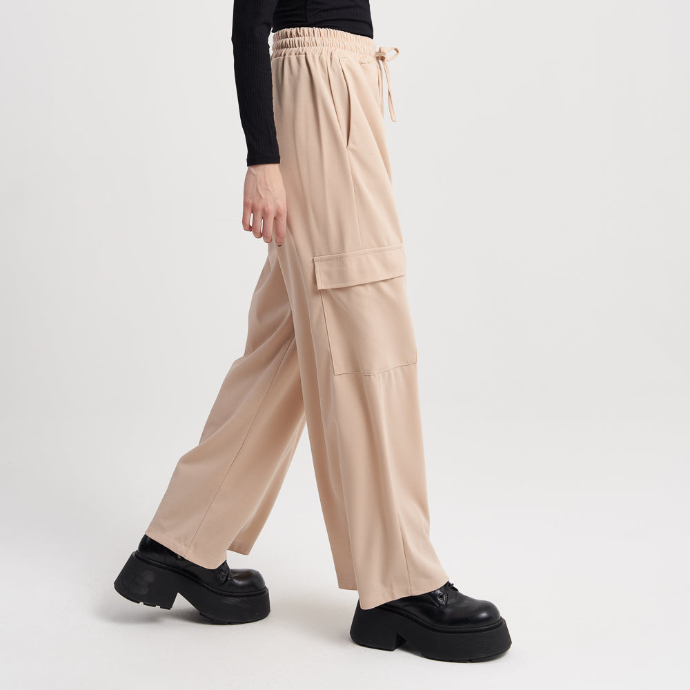 Hailys Women's Casual Beige Wide-Leg Cargo Pants