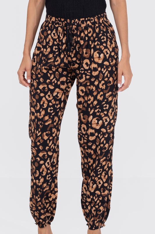 Hailys Women’s Leopard Print Drawstring Jogger Pants - Black and Brown