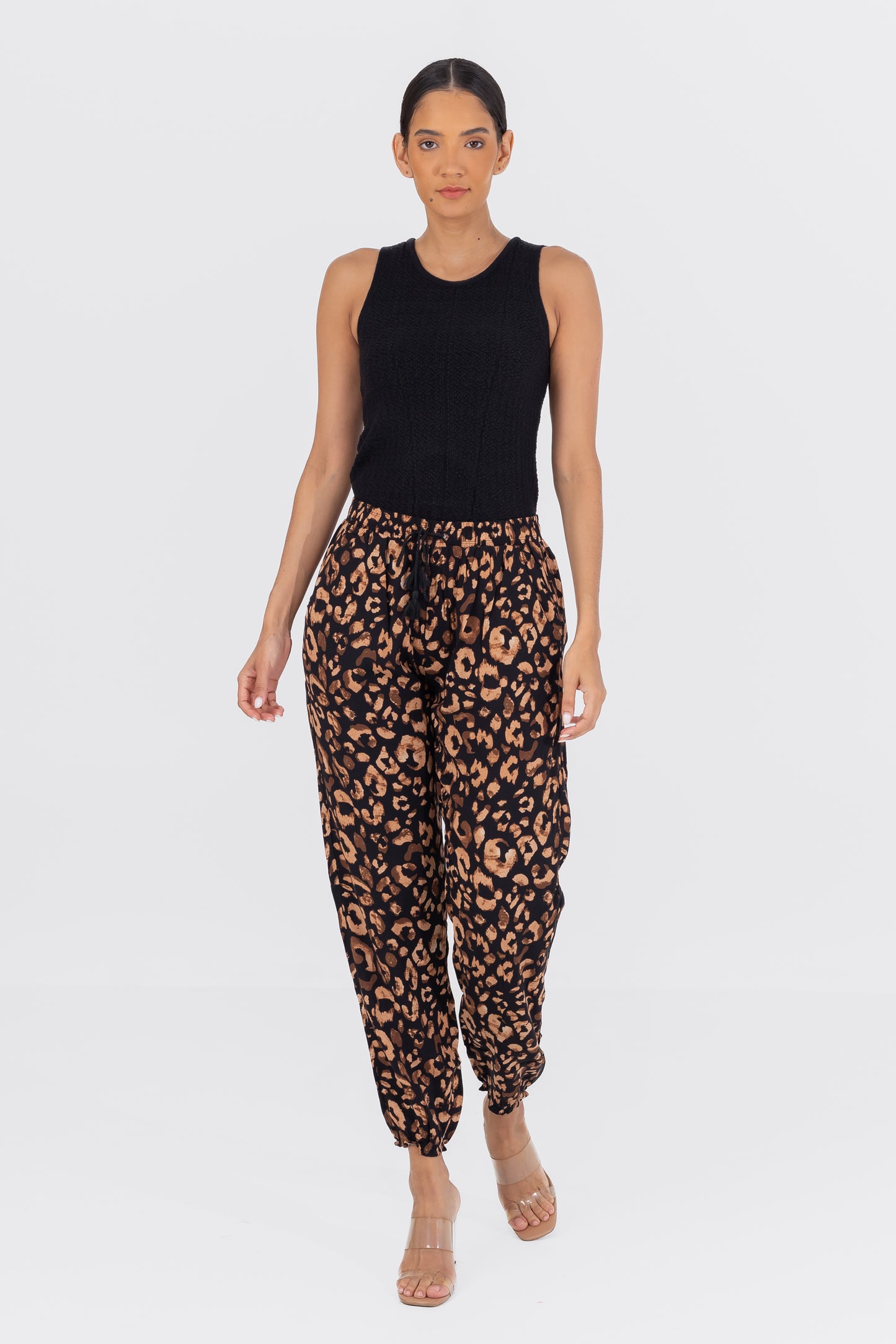 Hailys Women’s Leopard Print Drawstring Jogger Pants - Black and Brown