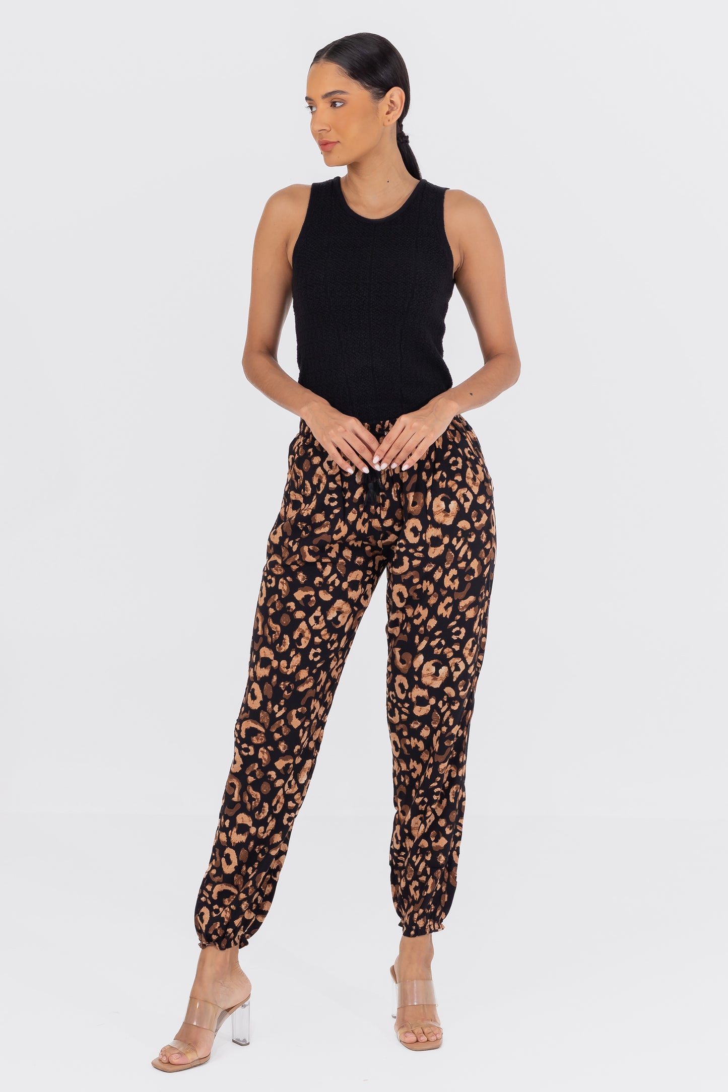 Hailys Women’s Leopard Print Drawstring Jogger Pants - Black and Brown