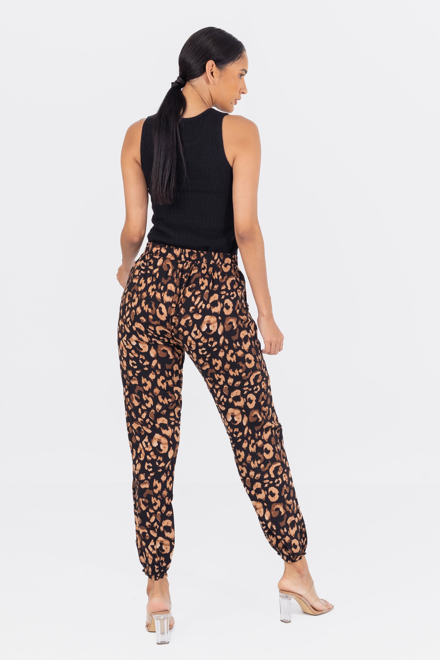 Hailys Women’s Leopard Print Drawstring Jogger Pants - Black and Brown