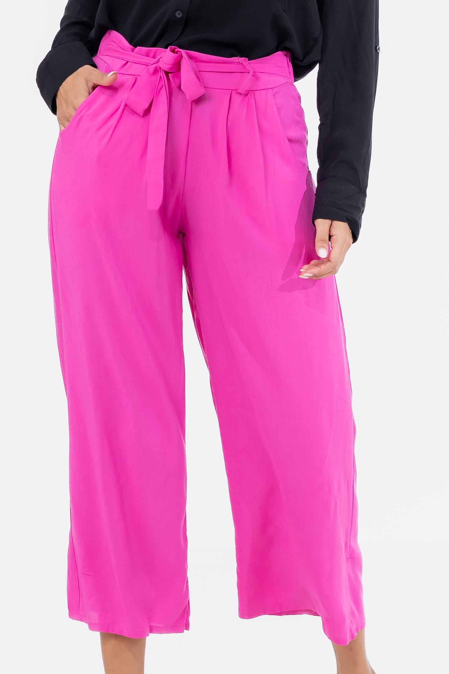 Hailys Women’s High-Waisted Wide Leg Tie-Front Culotte Pants - Hot Pink