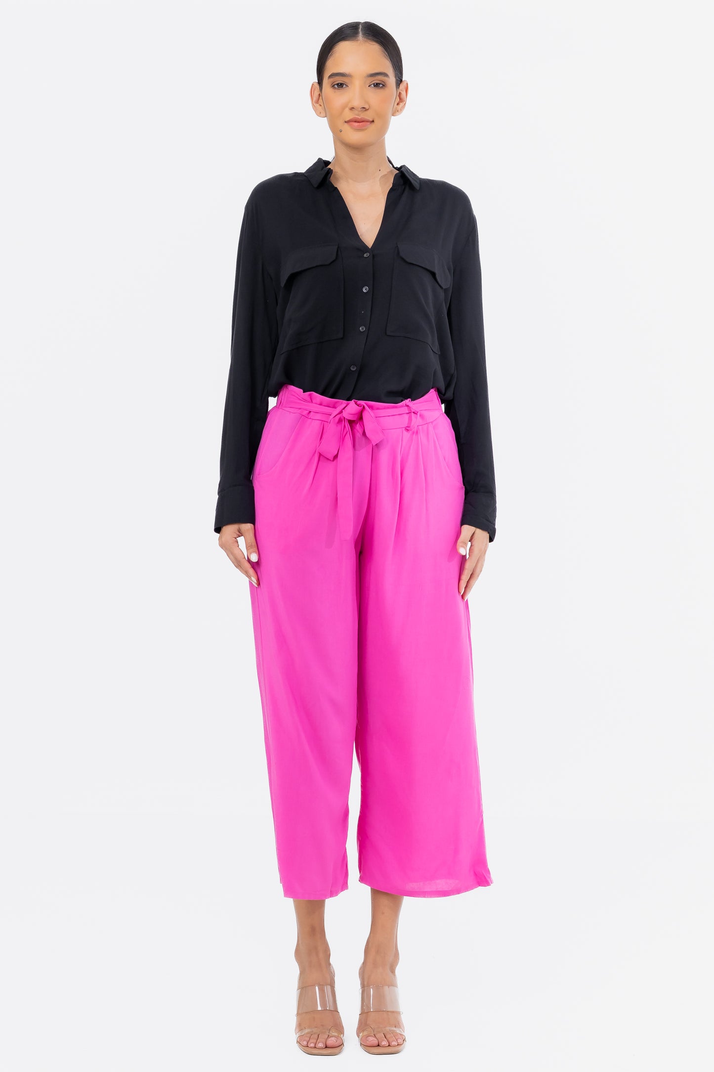 Hailys Women’s High-Waisted Wide Leg Tie-Front Culotte Pants - Hot Pink