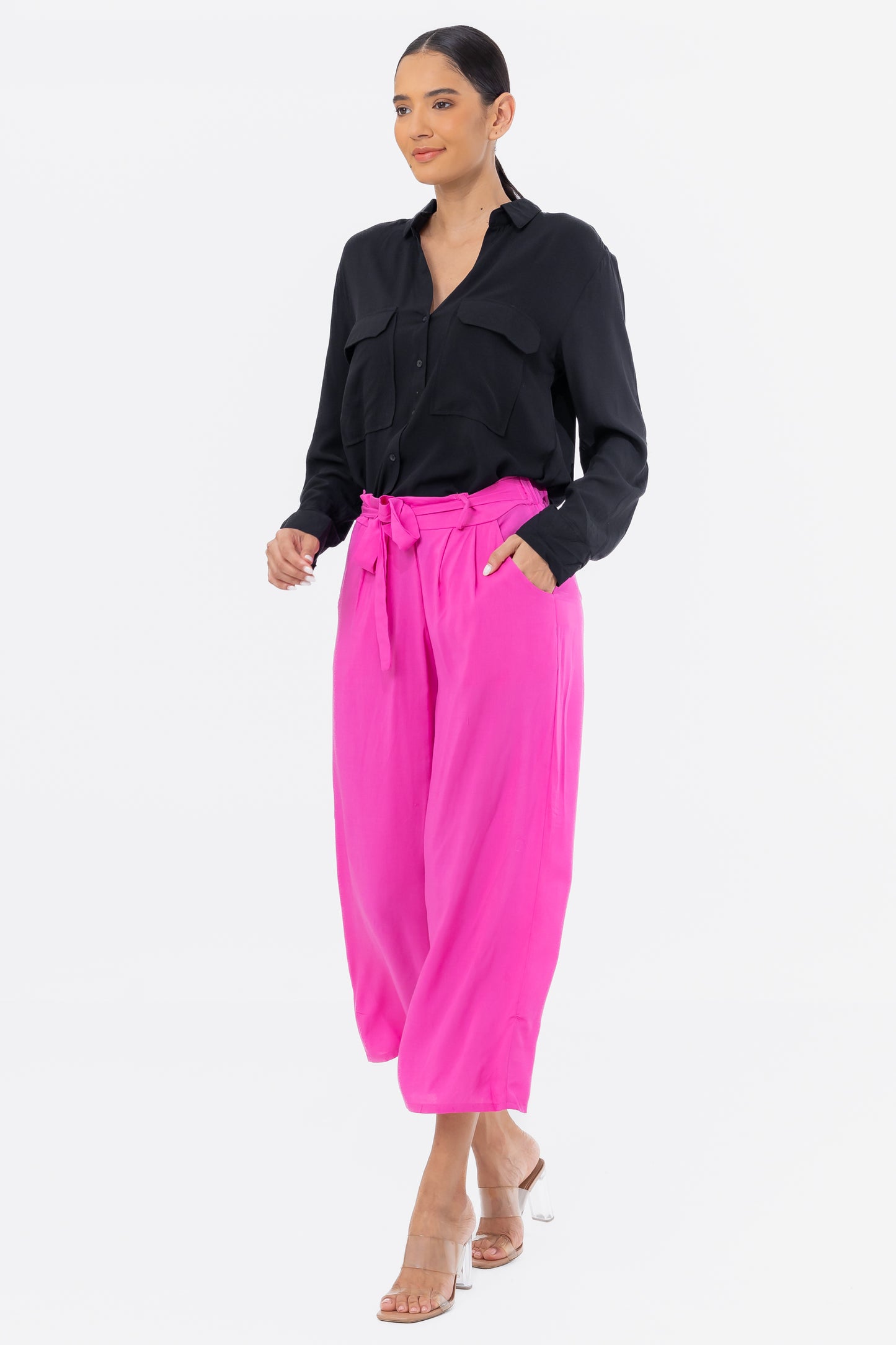 Hailys Women’s High-Waisted Wide Leg Tie-Front Culotte Pants - Hot Pink