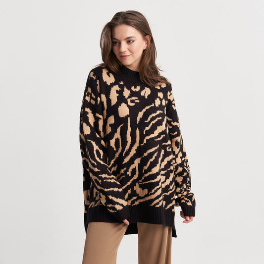 Z-One Women's Oversized Animal Print Sweater - Long Sleeve Casual Knit Top