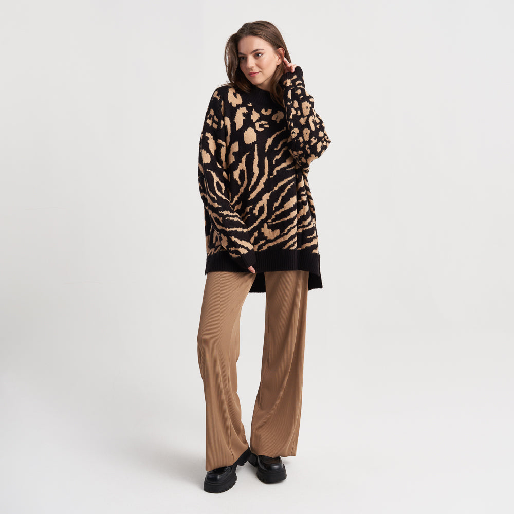 Z-One Women's Oversized Animal Print Sweater - Long Sleeve Casual Knit Top