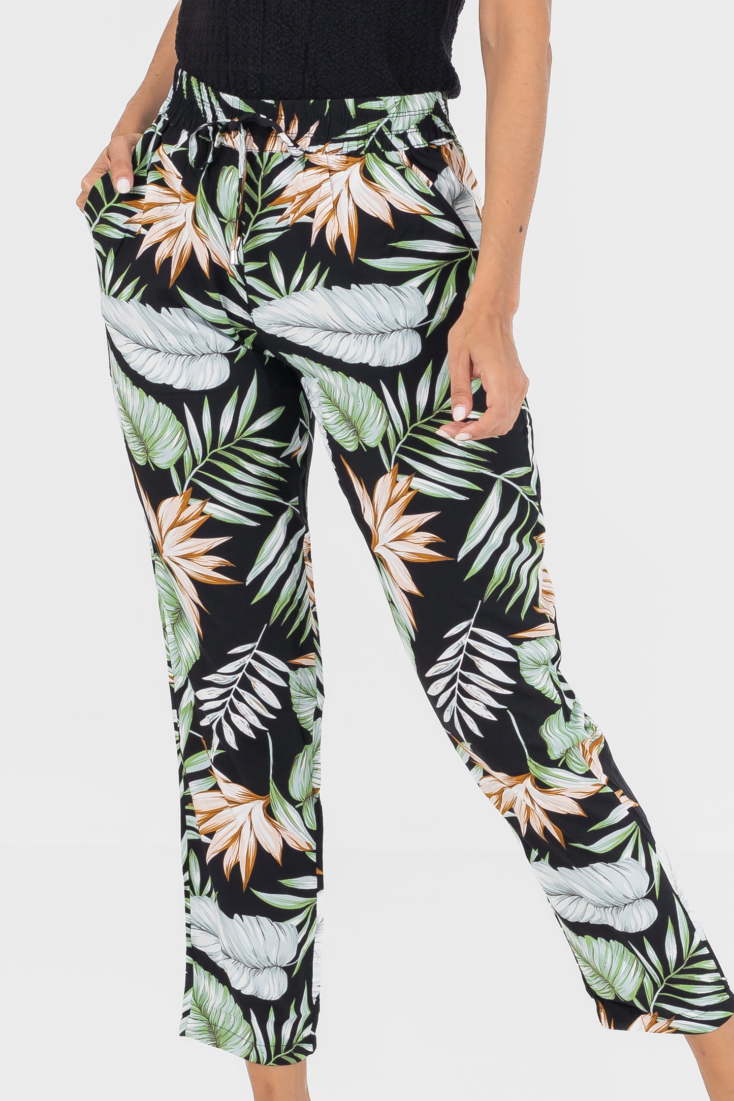 Hailys Women’s Tropical Print High-Waisted Elastic Waist Pants - Black