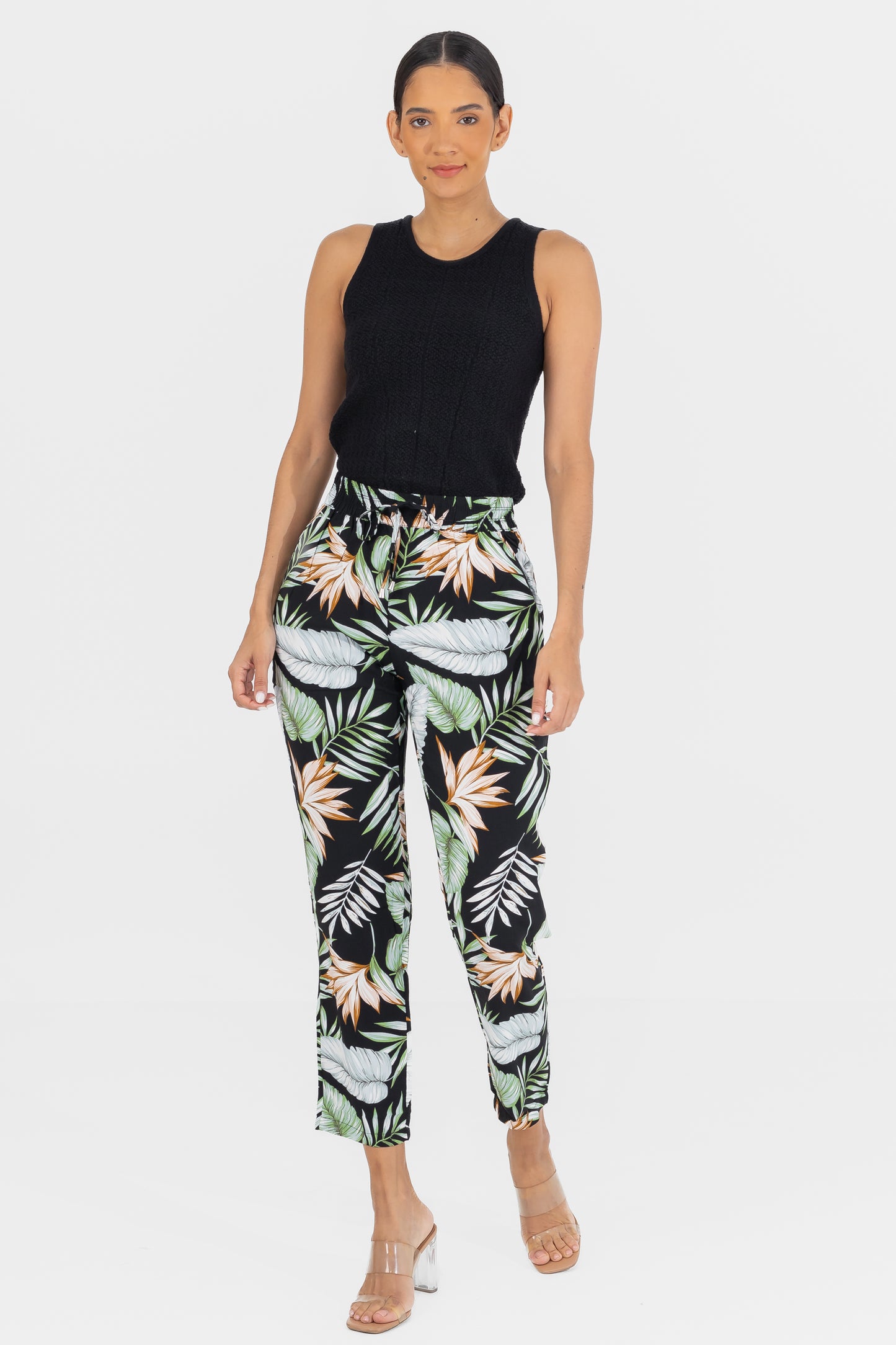 Hailys Women’s Tropical Print High-Waisted Elastic Waist Pants - Black