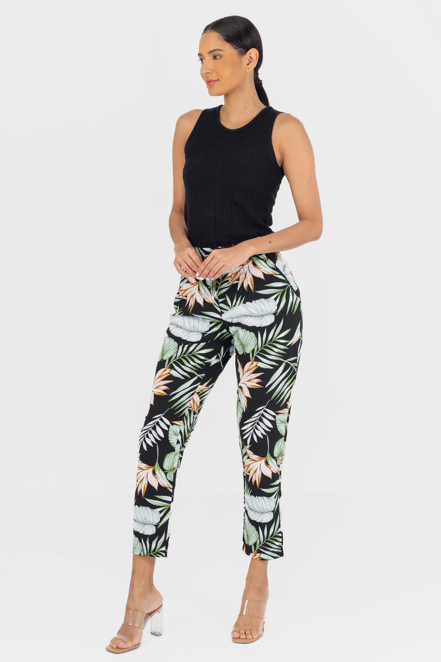 Hailys Women’s Tropical Print High-Waisted Elastic Waist Pants - Black