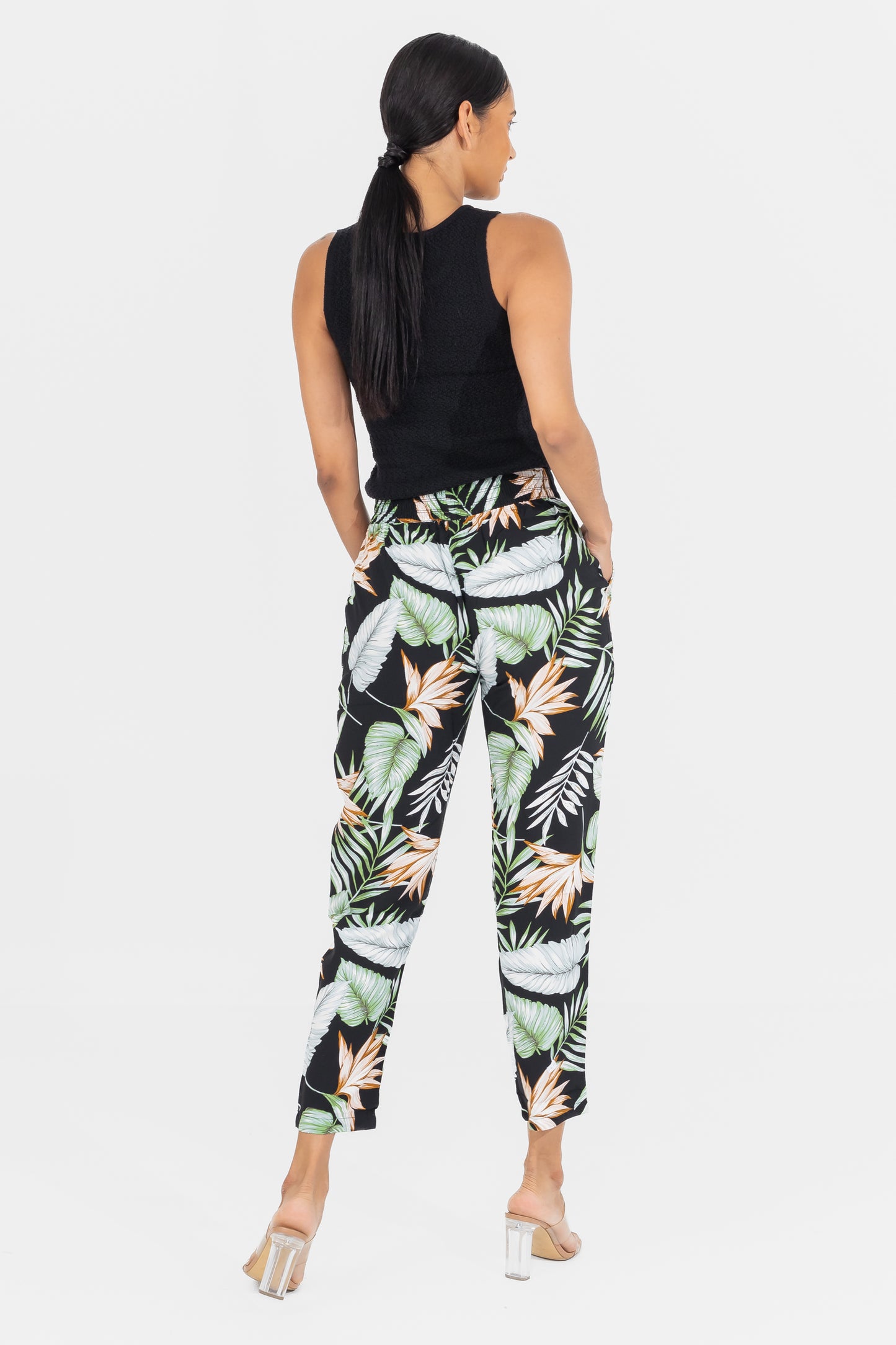 Hailys Women’s Tropical Print High-Waisted Elastic Waist Pants - Black