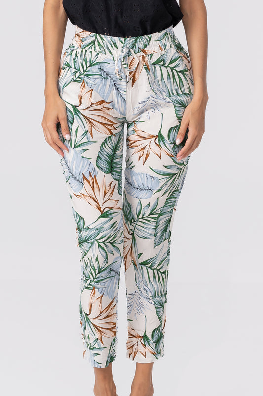 Hailys Women’s Tropical Print High-Waisted Elastic Waist Pants - White