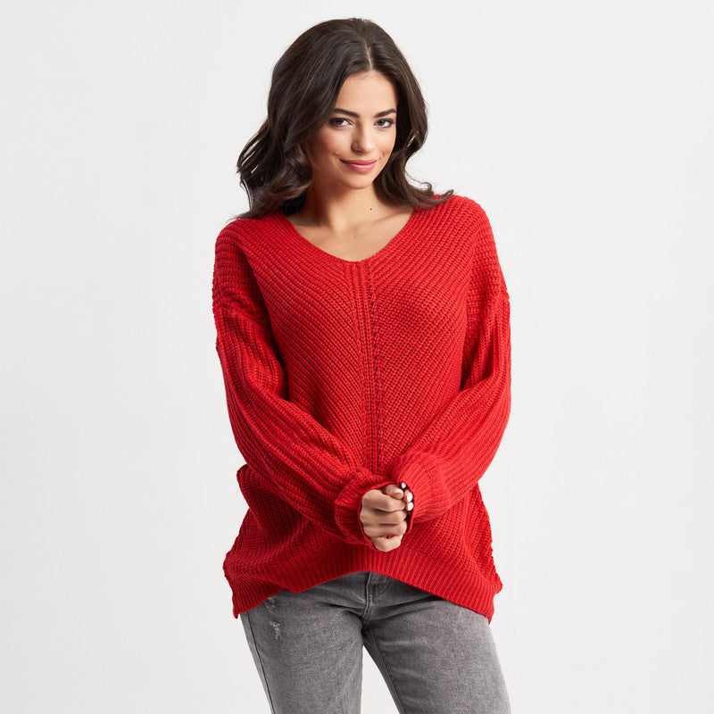 Hailys Women's Cozy V-Neck Knit Sweater - Long Sleeve Chunky Pullover