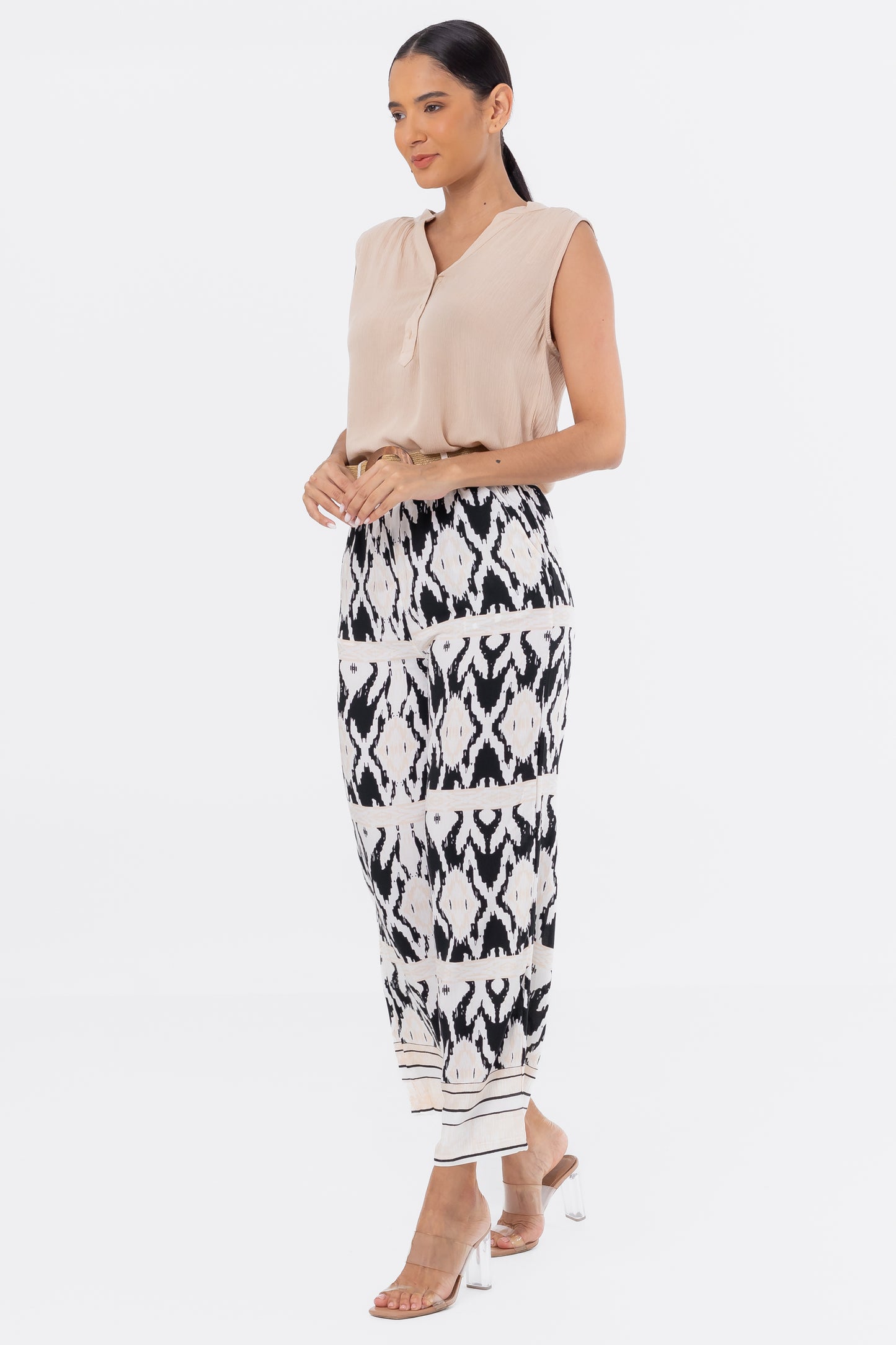 Hailys Women’s Boho Print High-Waisted Wide Leg Pants with Belt - Black and Beige