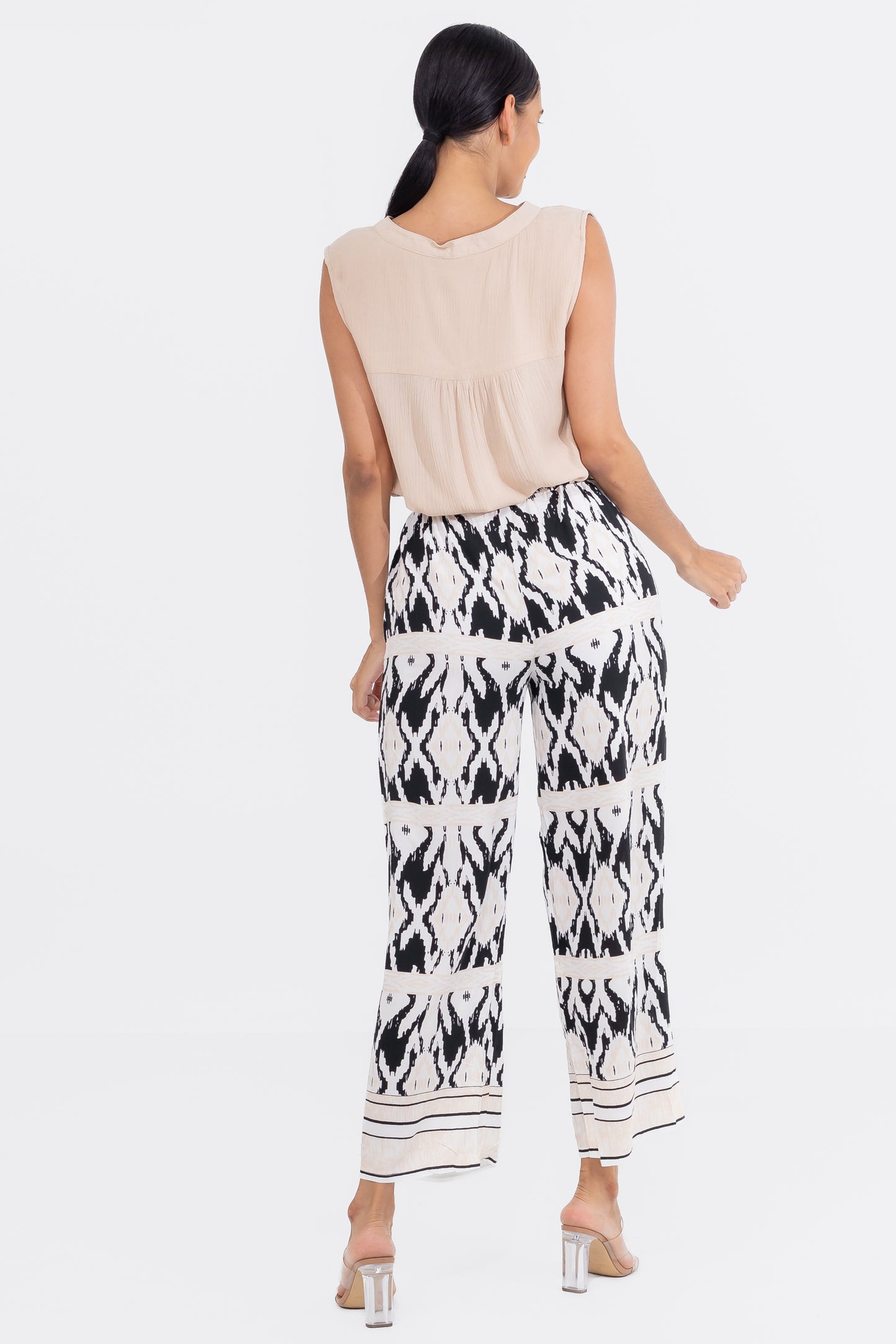 Hailys Women’s Boho Print High-Waisted Wide Leg Pants with Belt - Black and Beige