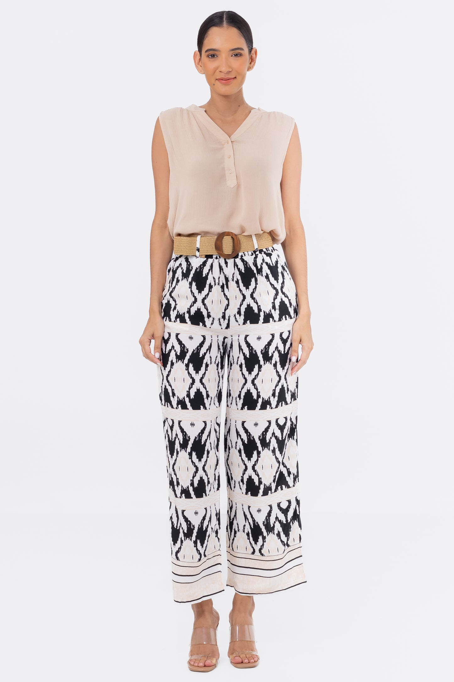 Hailys Women’s Boho Print High-Waisted Wide Leg Pants with Belt - Black and Beige